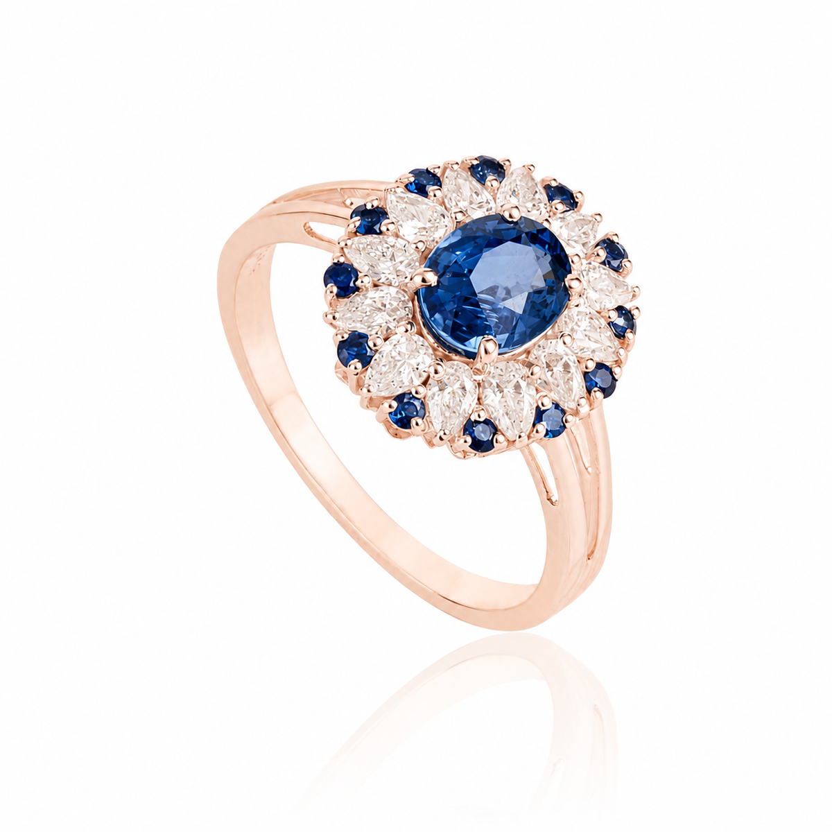 Blue Sapphire & Diamond Halo Ring