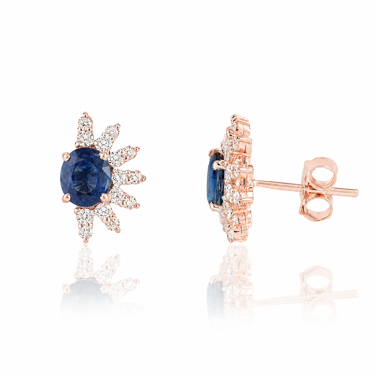 Blue Sapphire Diamond Sunburst Stud Earrings