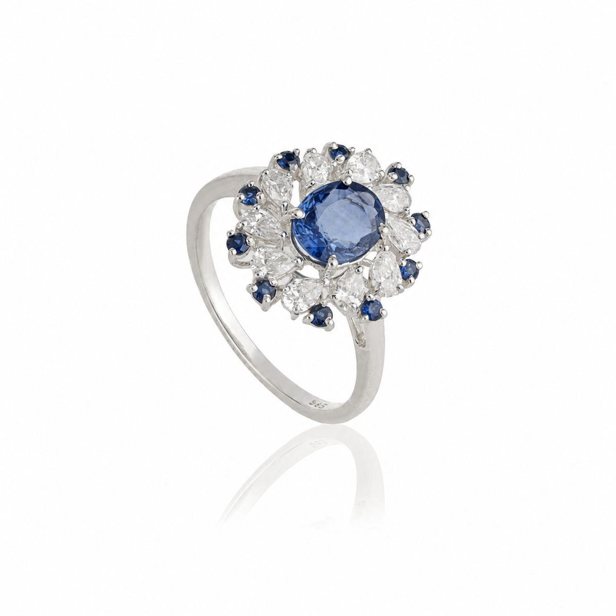 Blue Sapphire Diamond Halo Ring