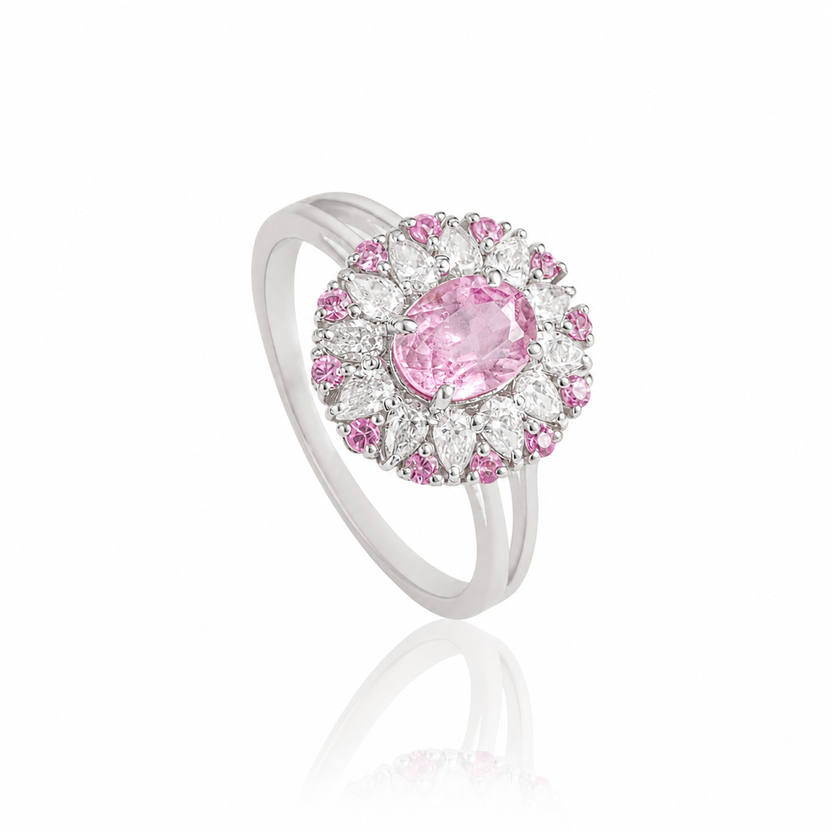 Pink Sapphire & Diamond Halo Ring