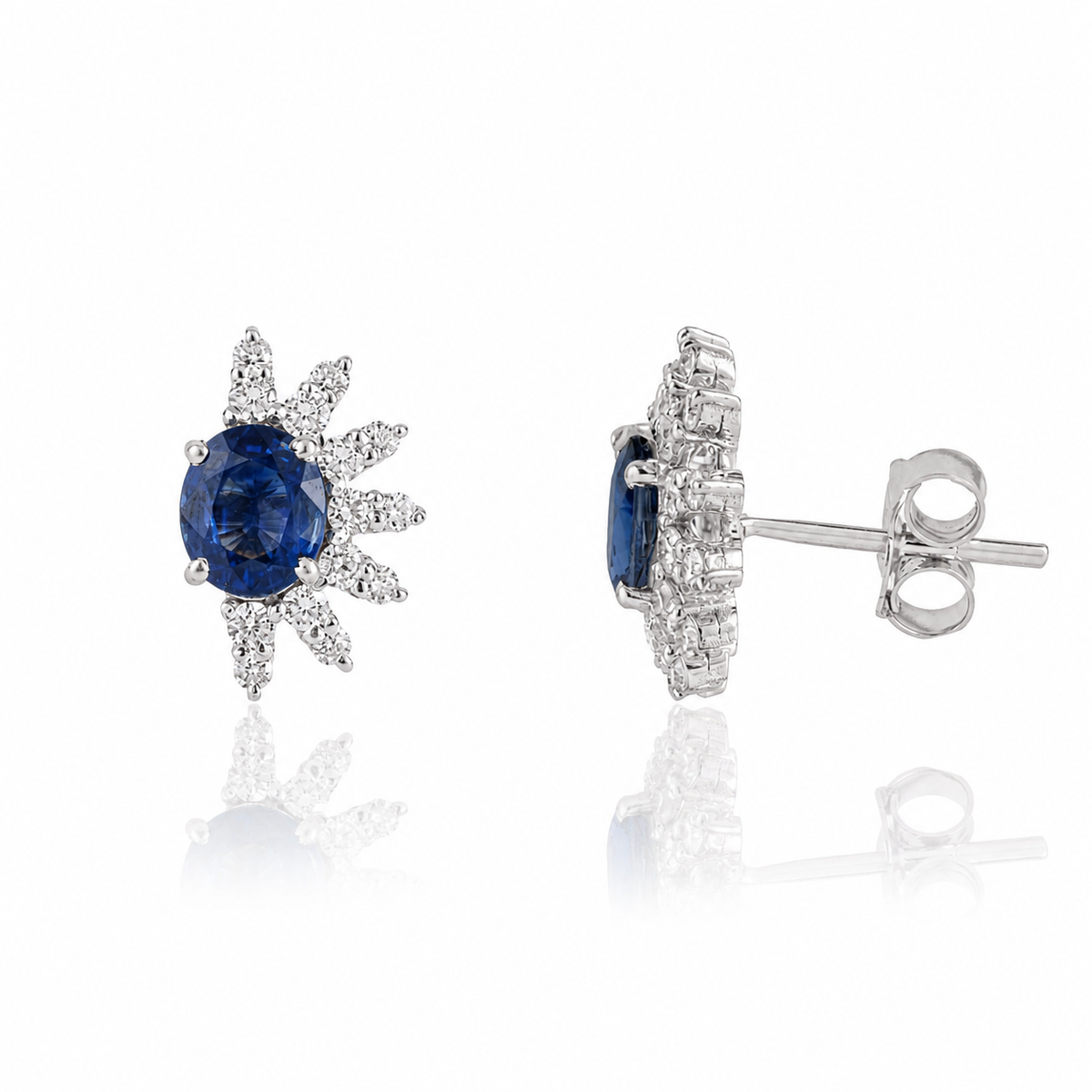 Blue Sapphire Diamond Sunburst Stud Earrings