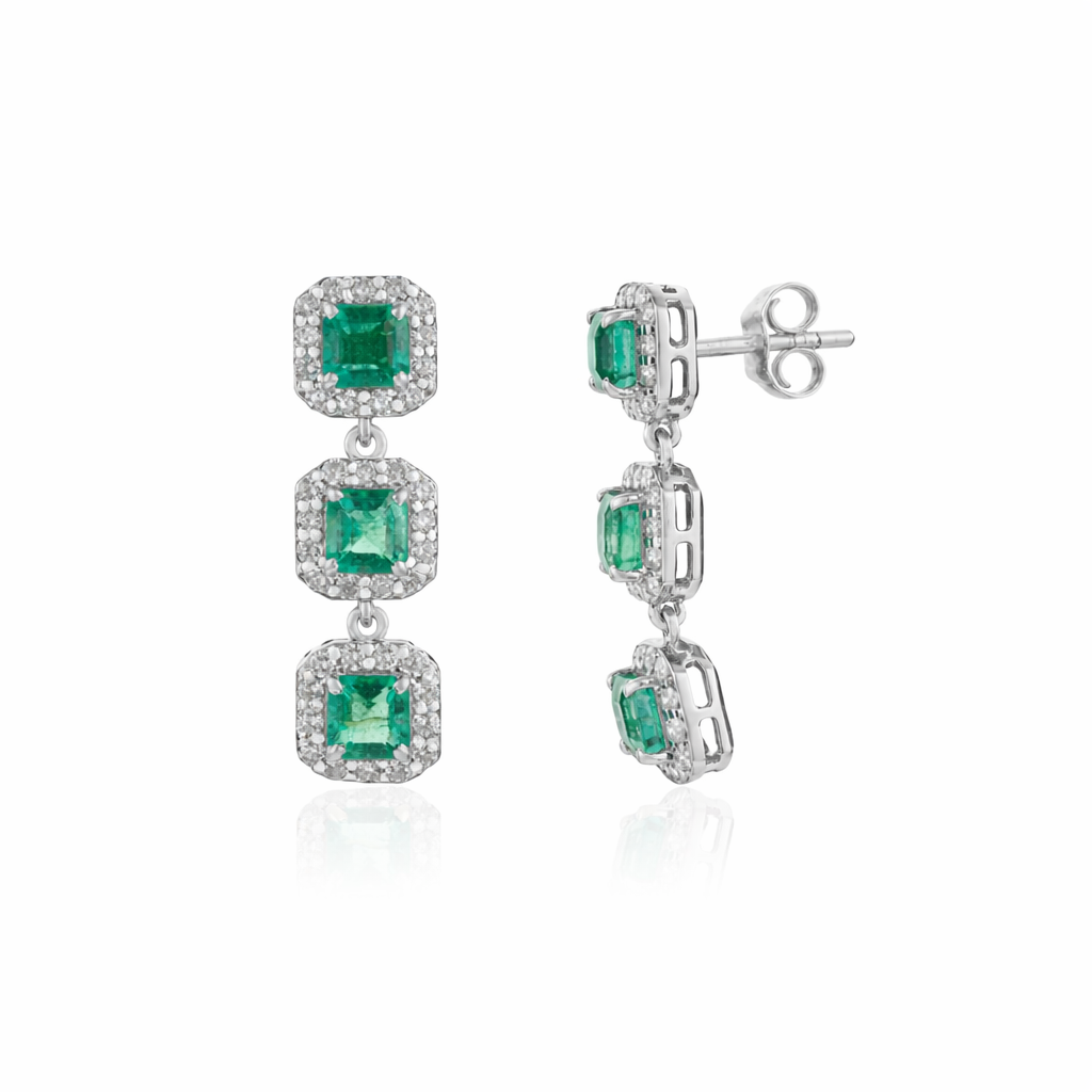 Emerald Diamond Triple Drop Earrings