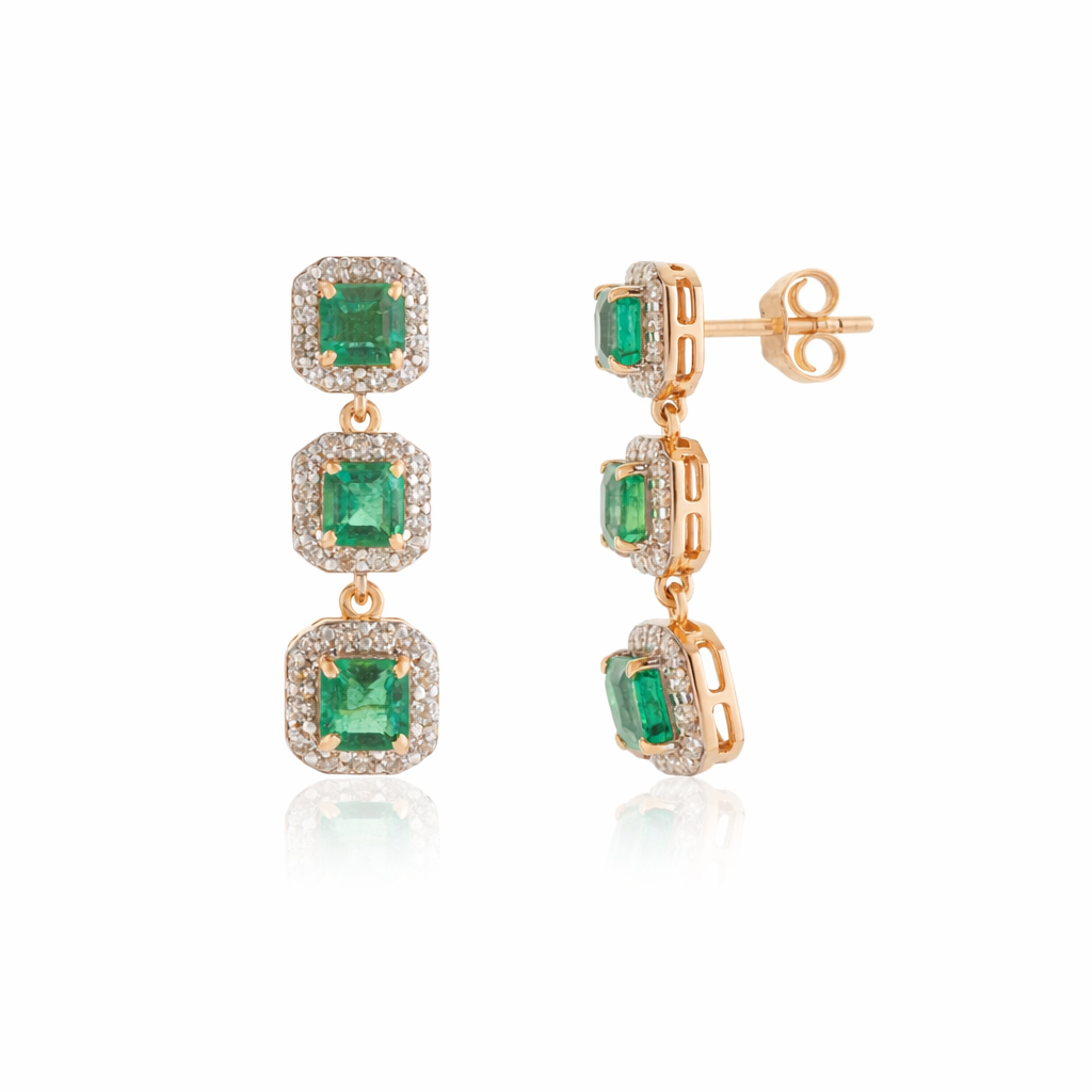 Emerald Diamond Triple Drop Earrings