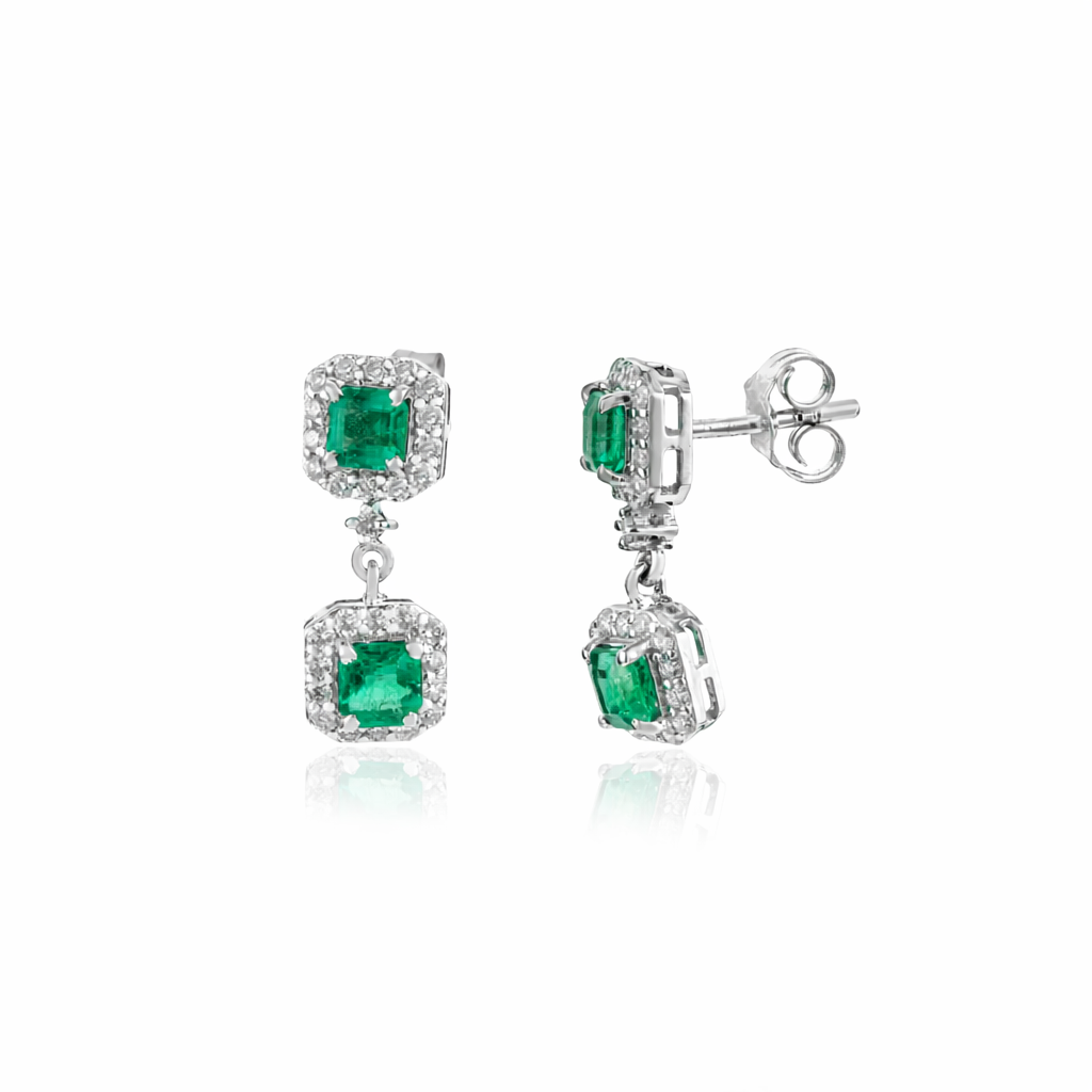 Emerald & Diamond Halo Drop Earrings
