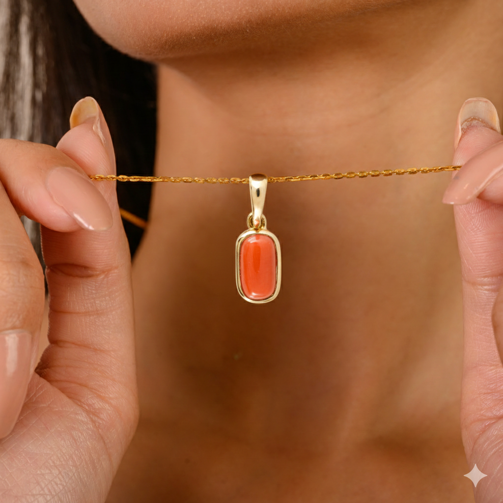 Red Coral Pendant Gold Necklace