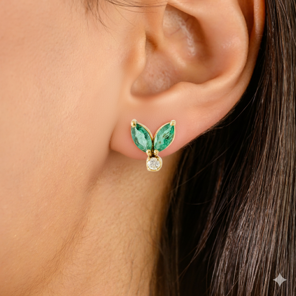 Emerald Diamond Stud Gold Earring