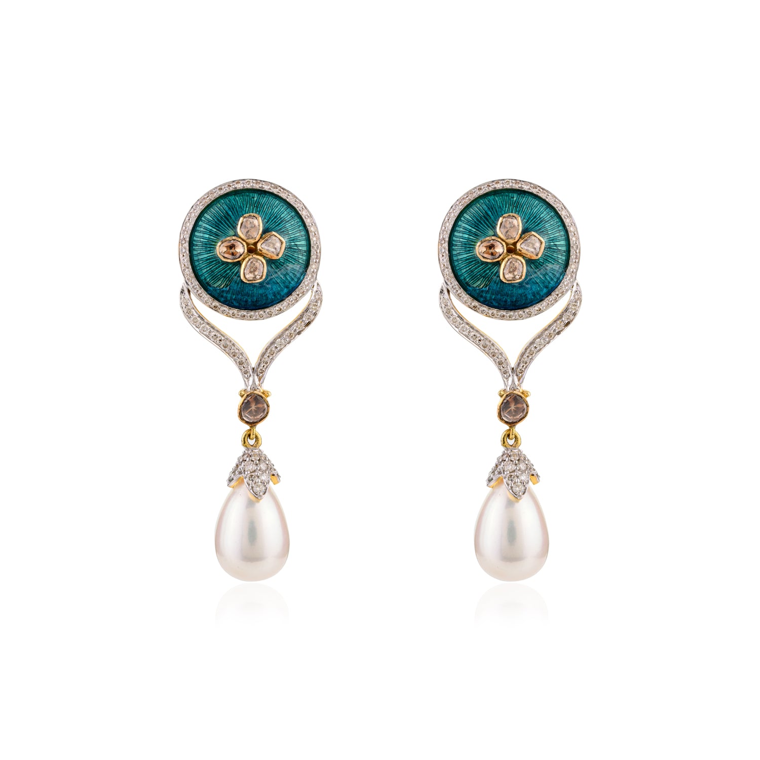 18K Gold Pearl Emerald Diamond Dangle Earring