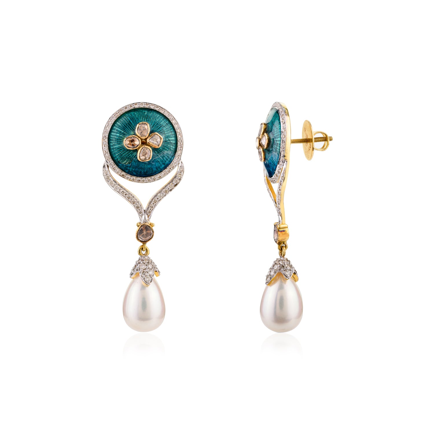 18K Gold Pearl Emerald Diamond Dangle Earring