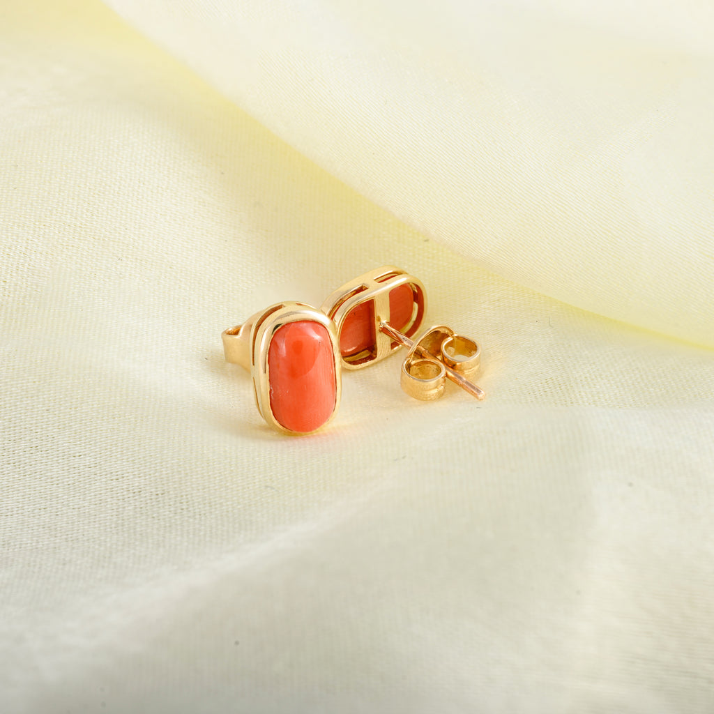 Red Coral Stone Gold Earring