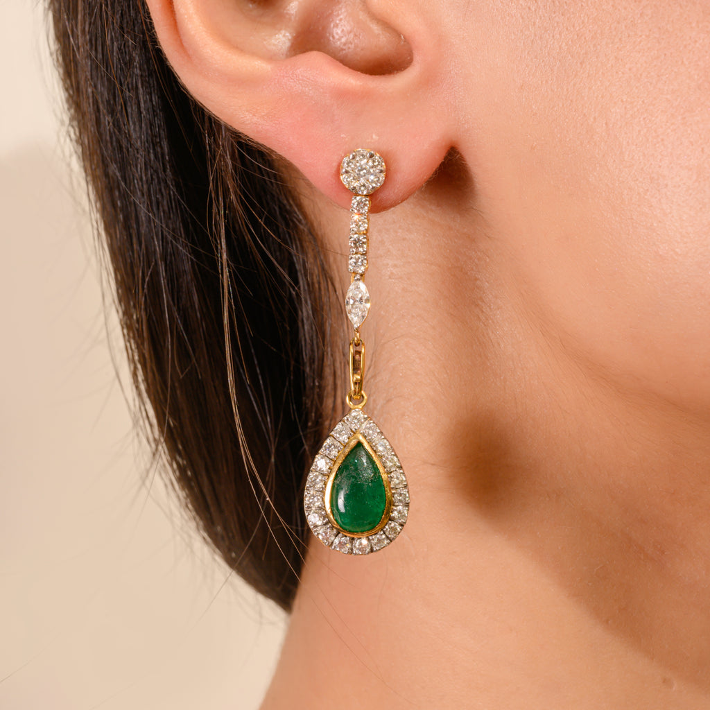 Pear Emerald 18K Gold Diamond Dangle Earrings