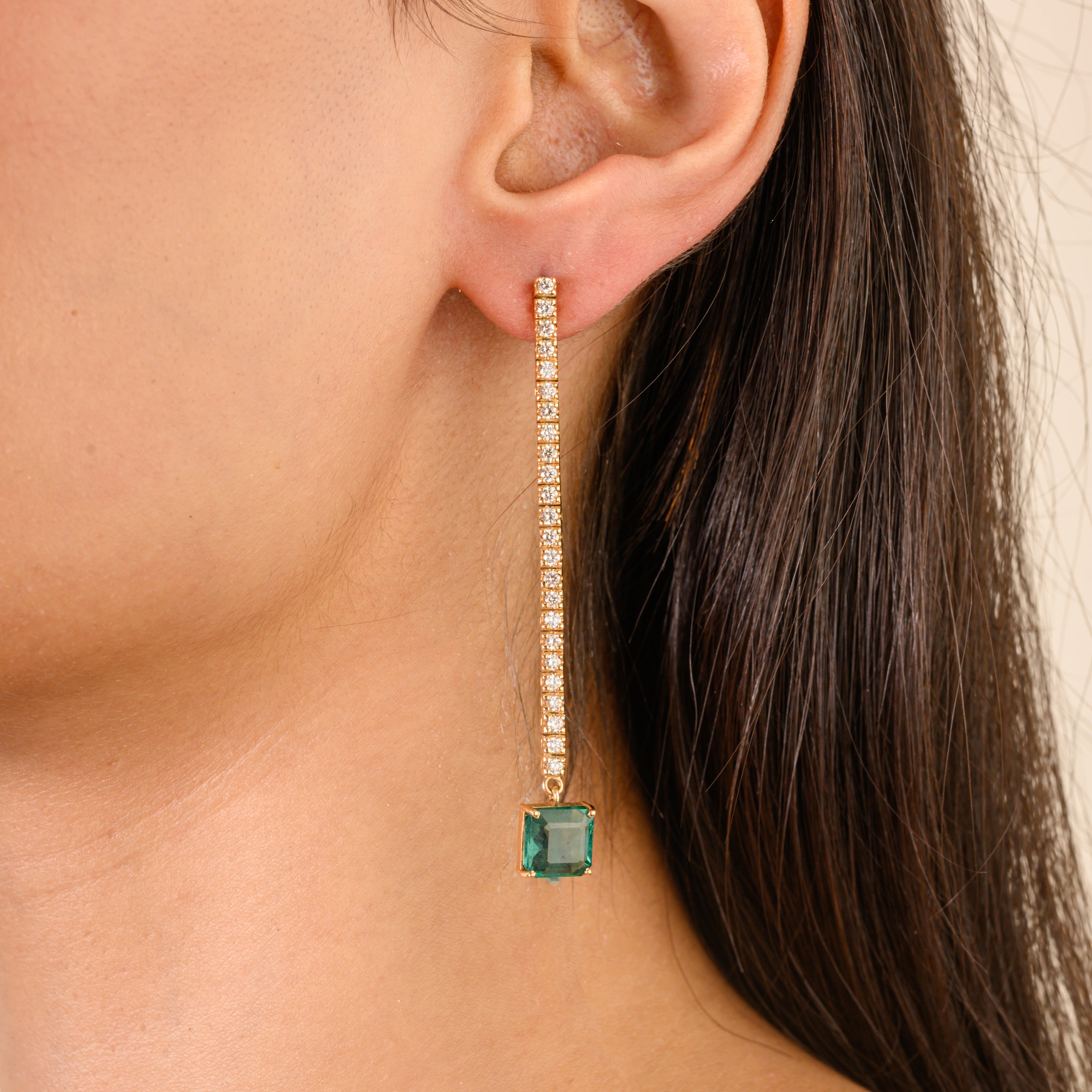 Diamond Emerald Dangle Earrings 18K Gold