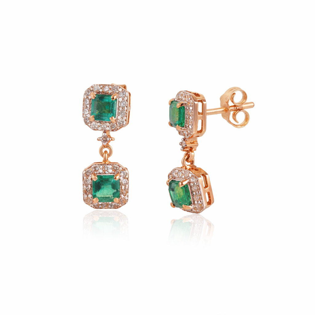 Emerald & Diamond Halo Drop Earrings