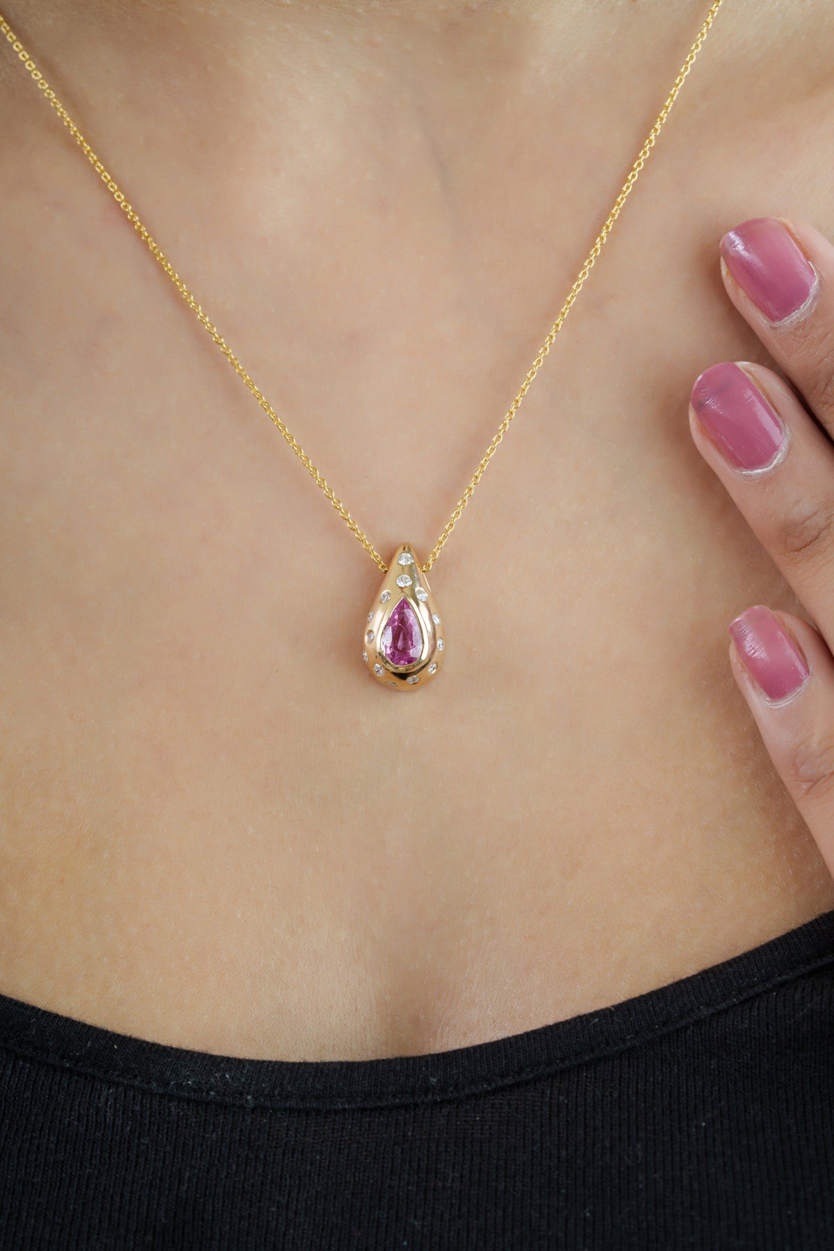 Pink Sapphire & Diamond Teardrop Pendant Necklace