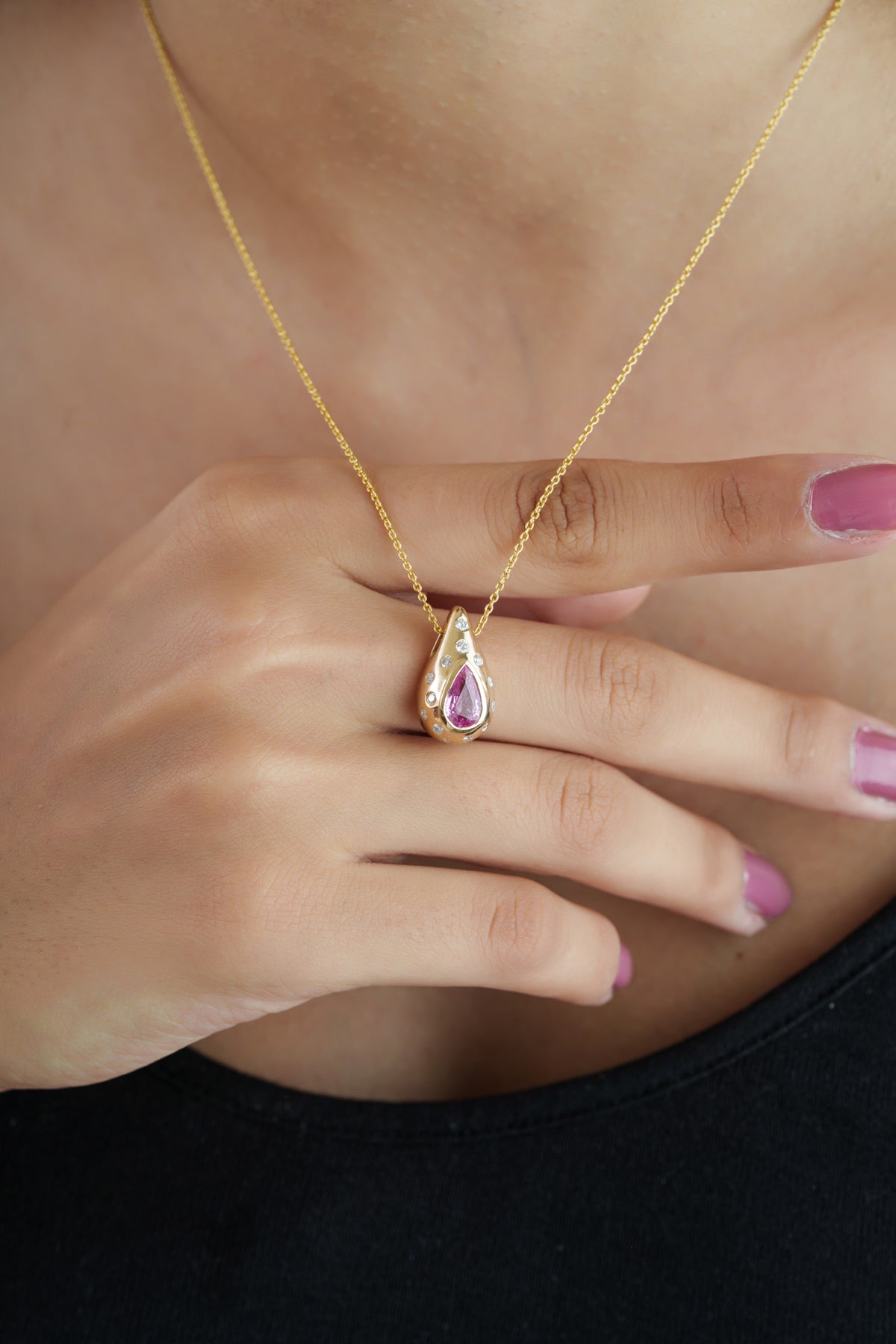 Pink Sapphire & Diamond Teardrop Pendant Necklace