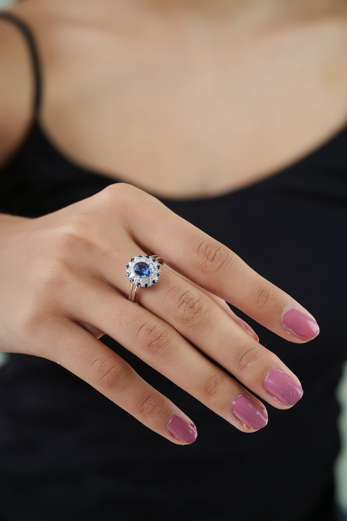 Blue Sapphire & Diamond Halo Ring