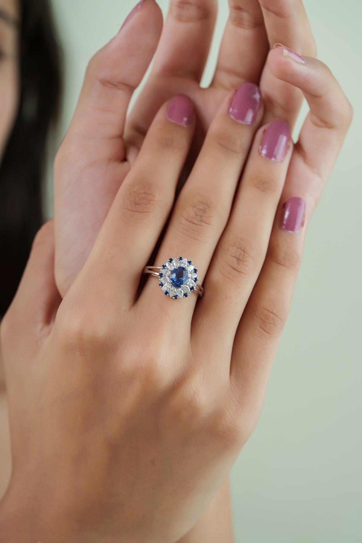 Blue Sapphire & Diamond Halo Ring