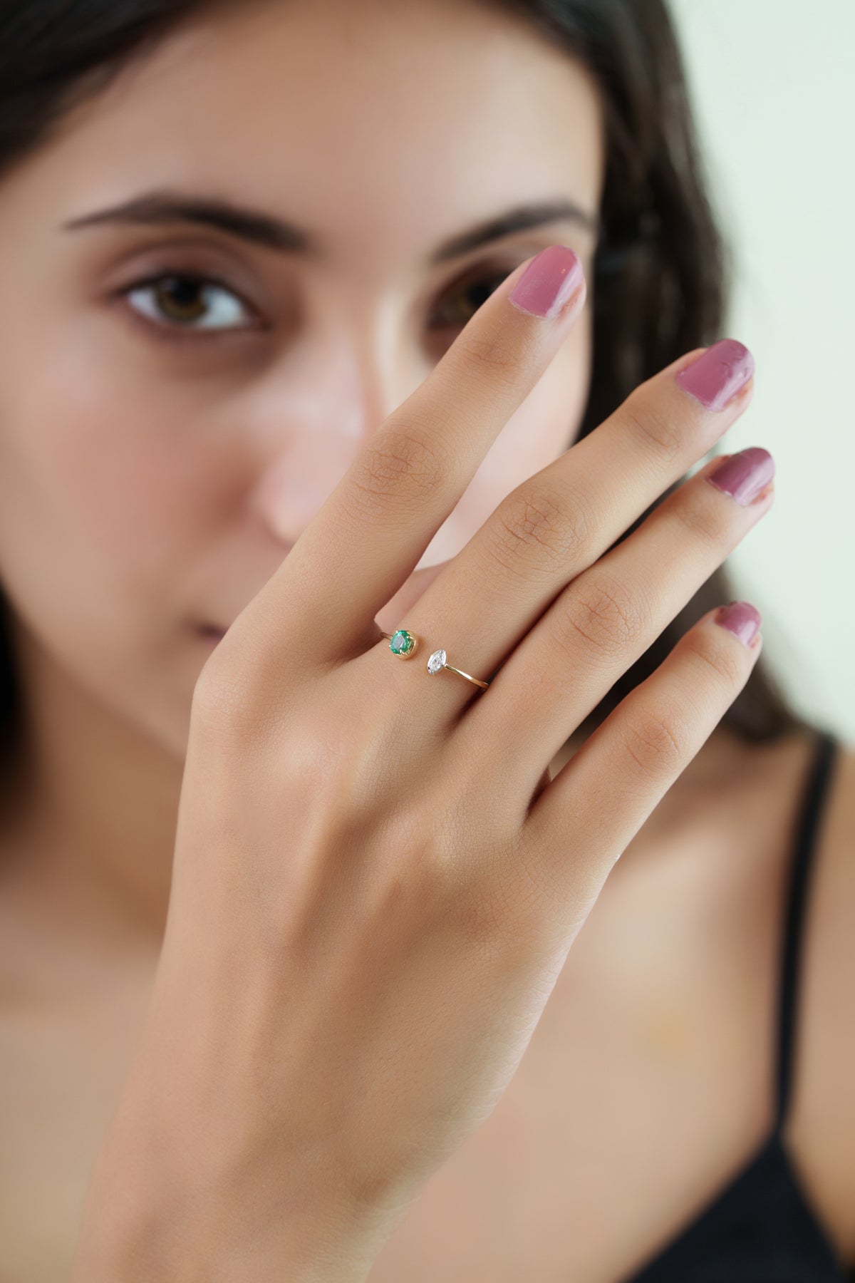 Emerald & Marquise Diamond Open Ring