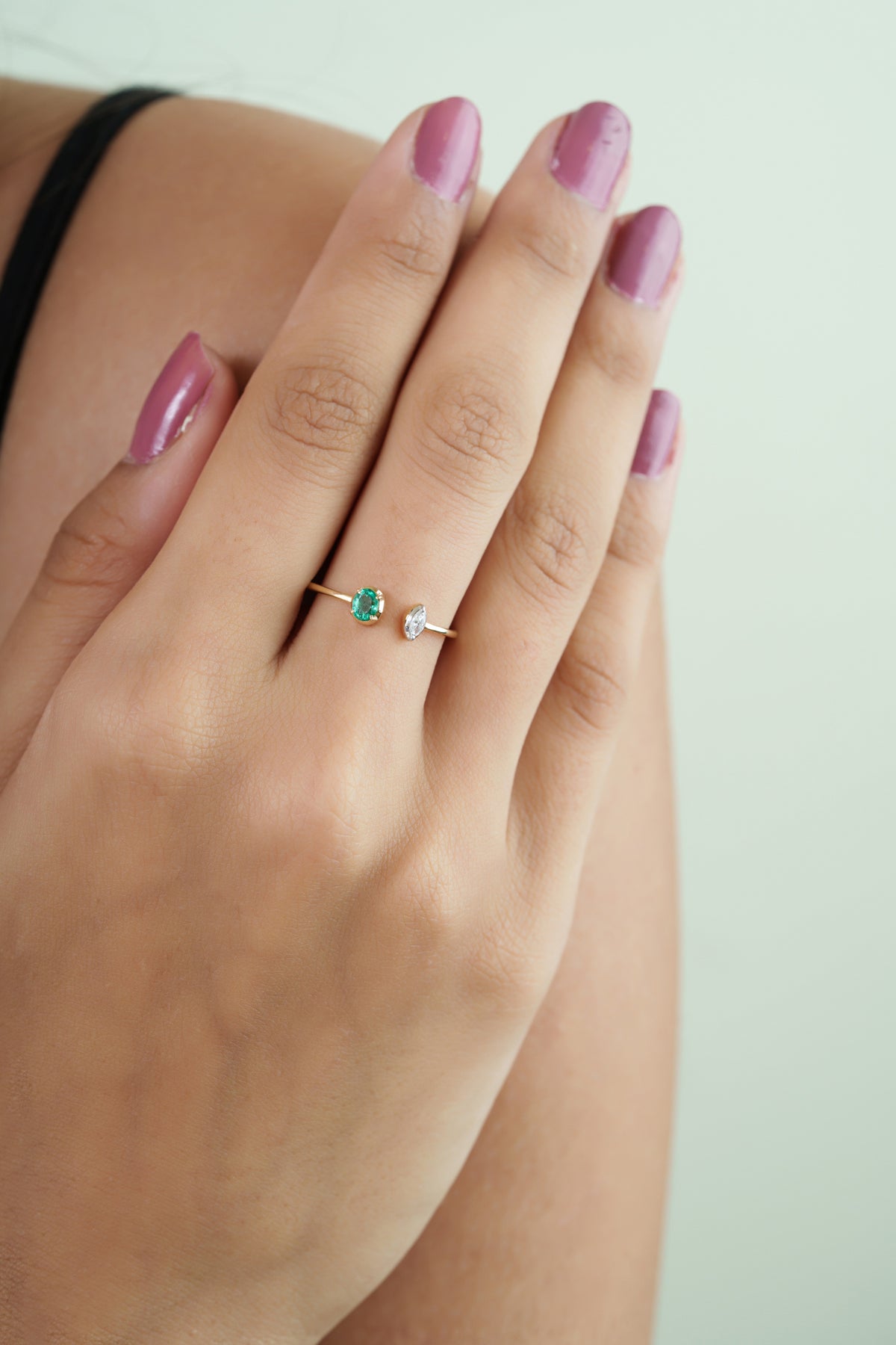 Emerald & Marquise Diamond Open Ring