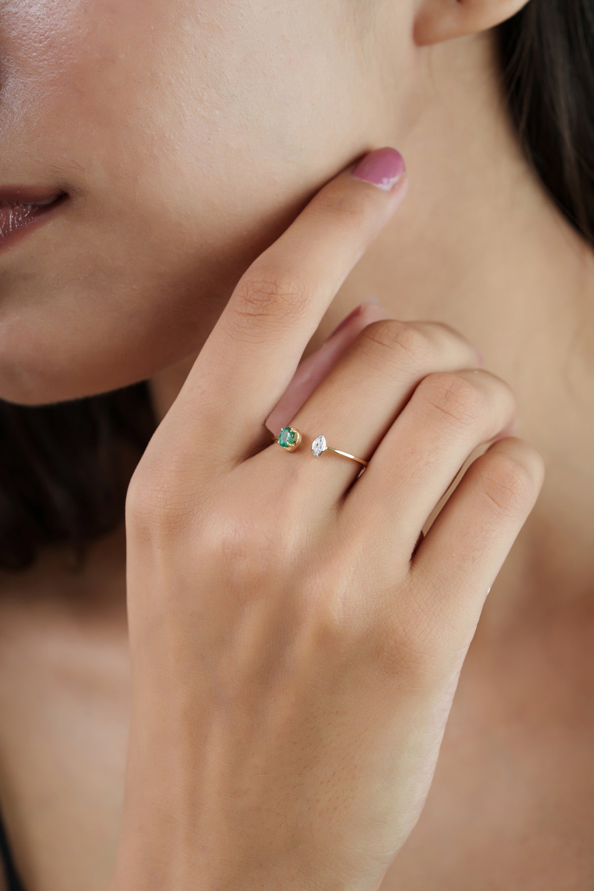 Emerald & Marquise Diamond Open Ring