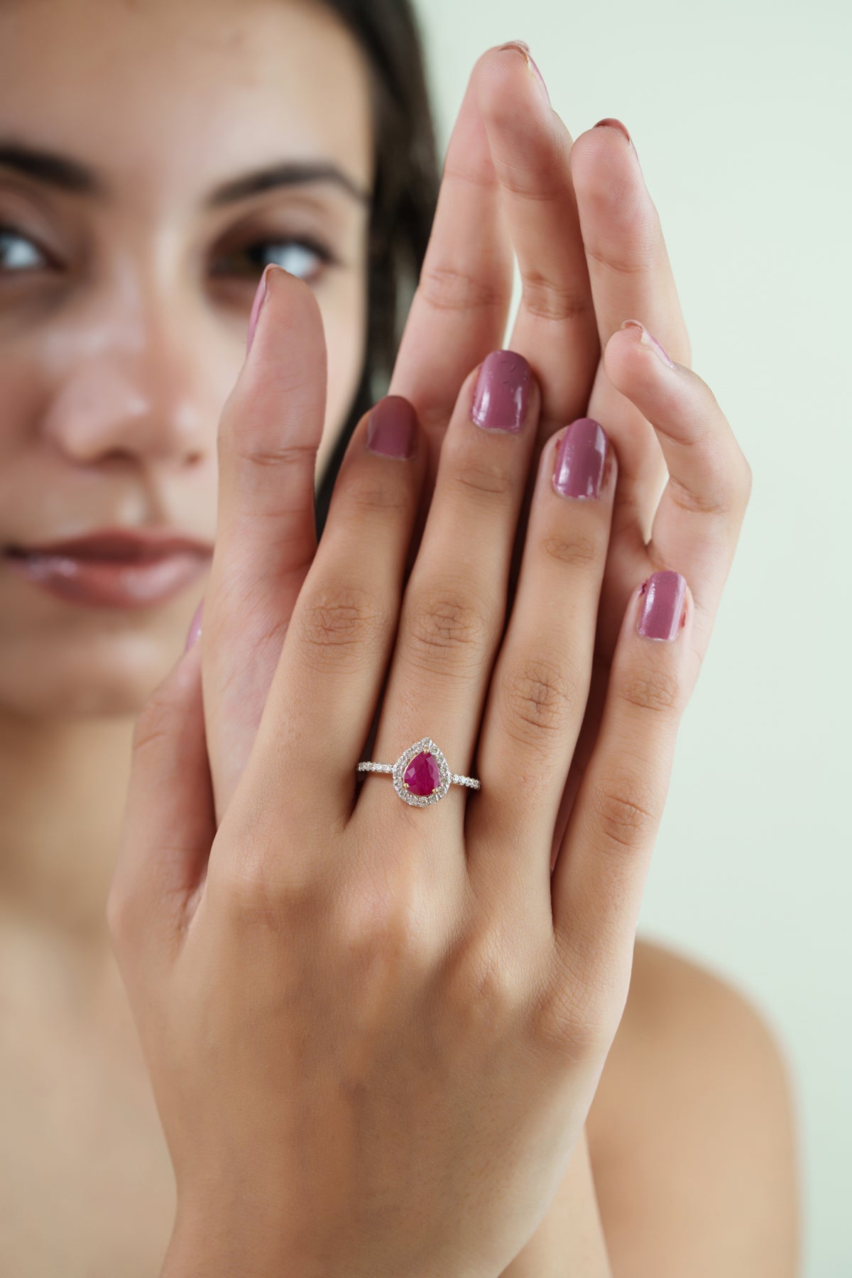Pear Ruby Halo Diamond Ring