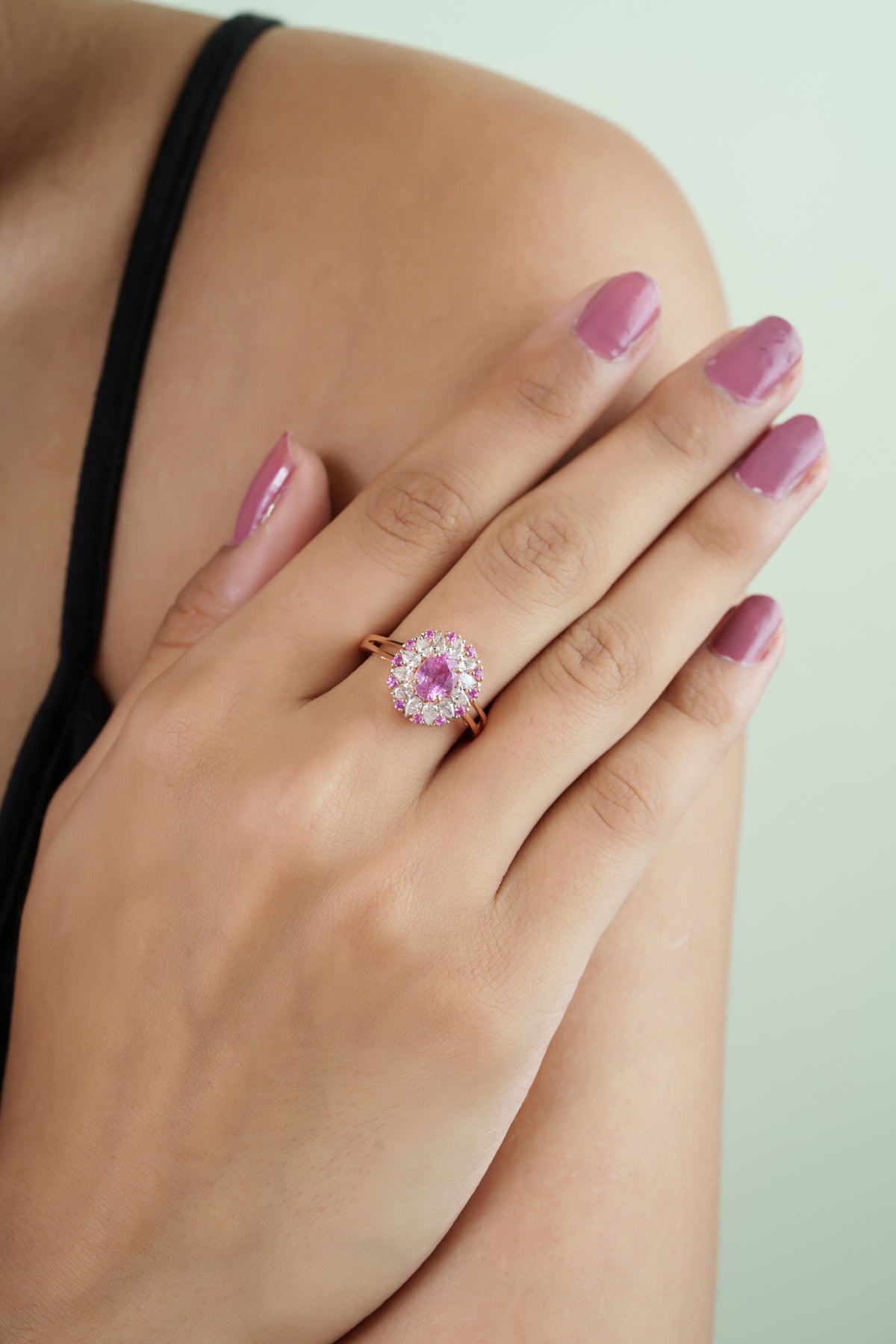 Pink Sapphire & Diamond Halo Ring