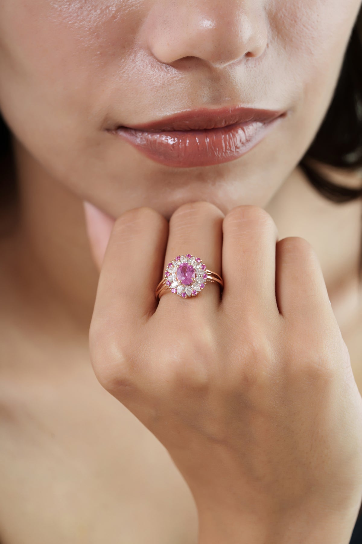 Pink Sapphire & Diamond Halo Ring