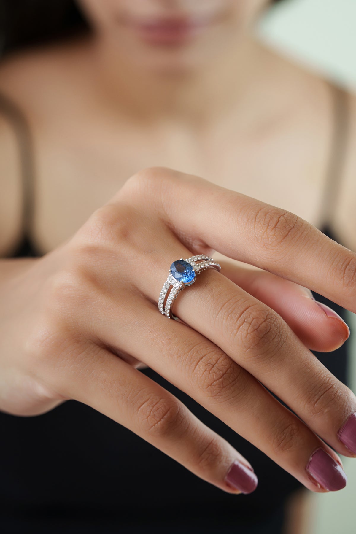 Blue Sapphire Diamond Split Shank Ring