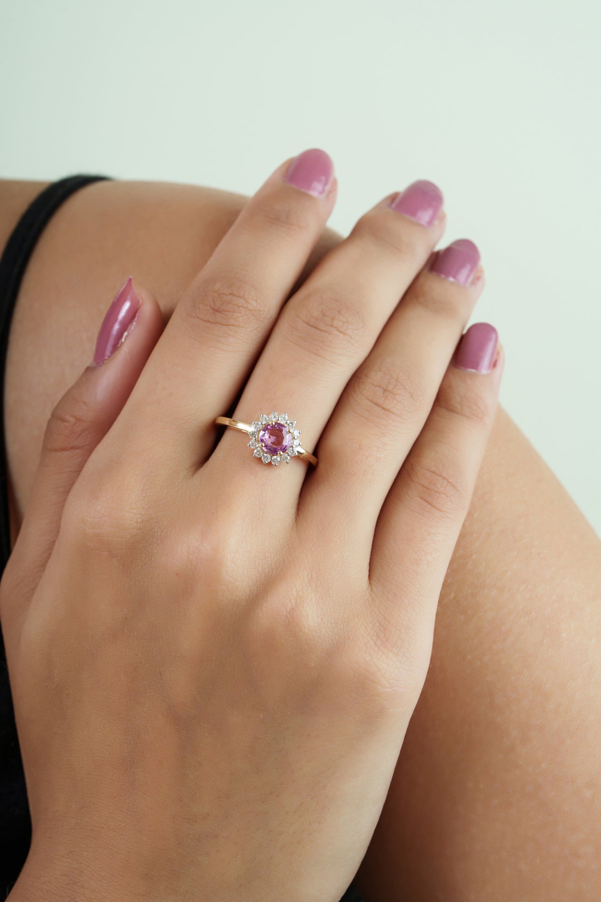 Pink Sapphire Diamond Halo Ring