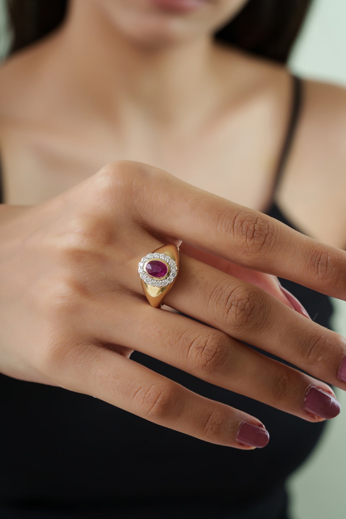 Ruby Diamond Halo Signet Ring