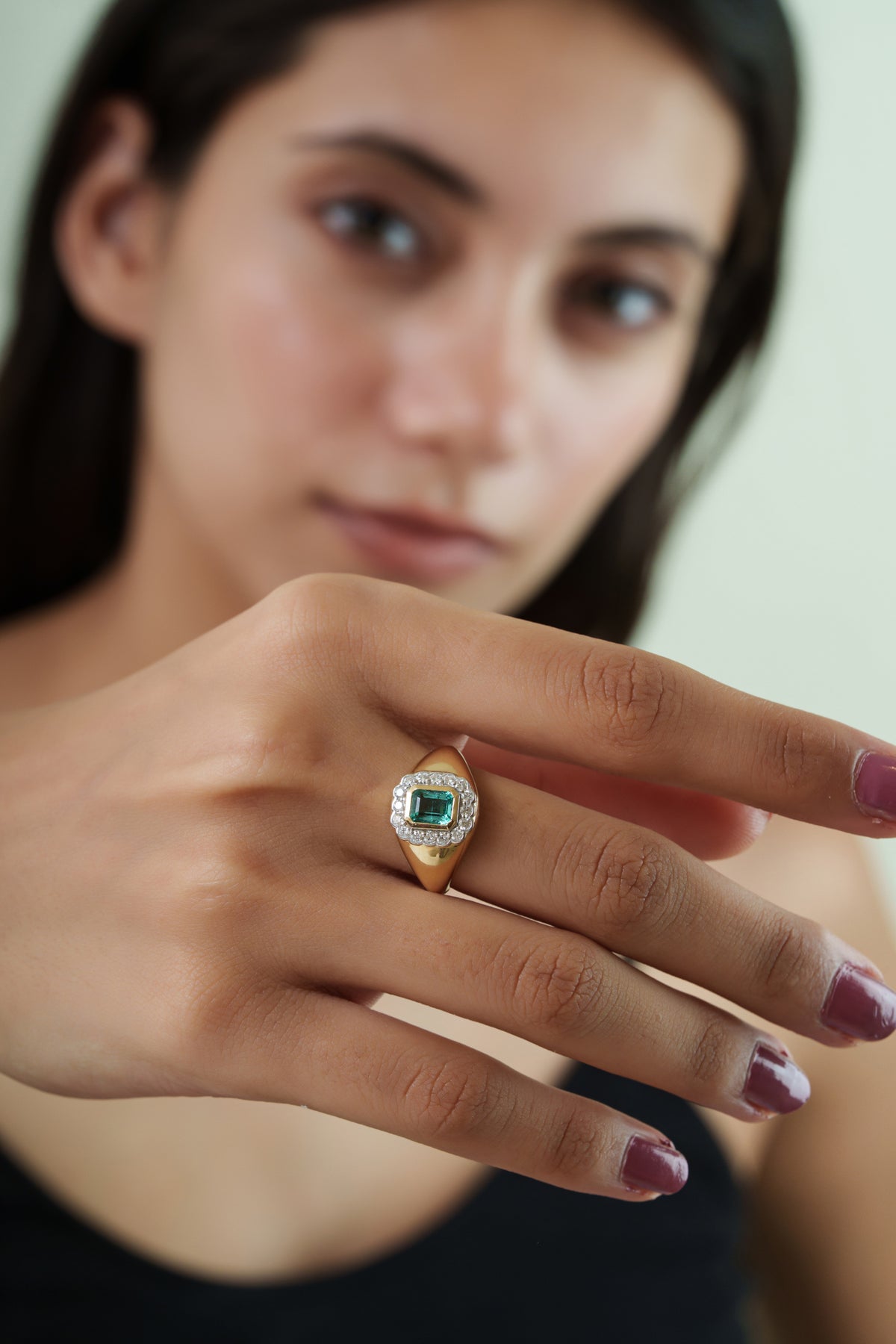 Emerald Diamond Halo Signet Ring