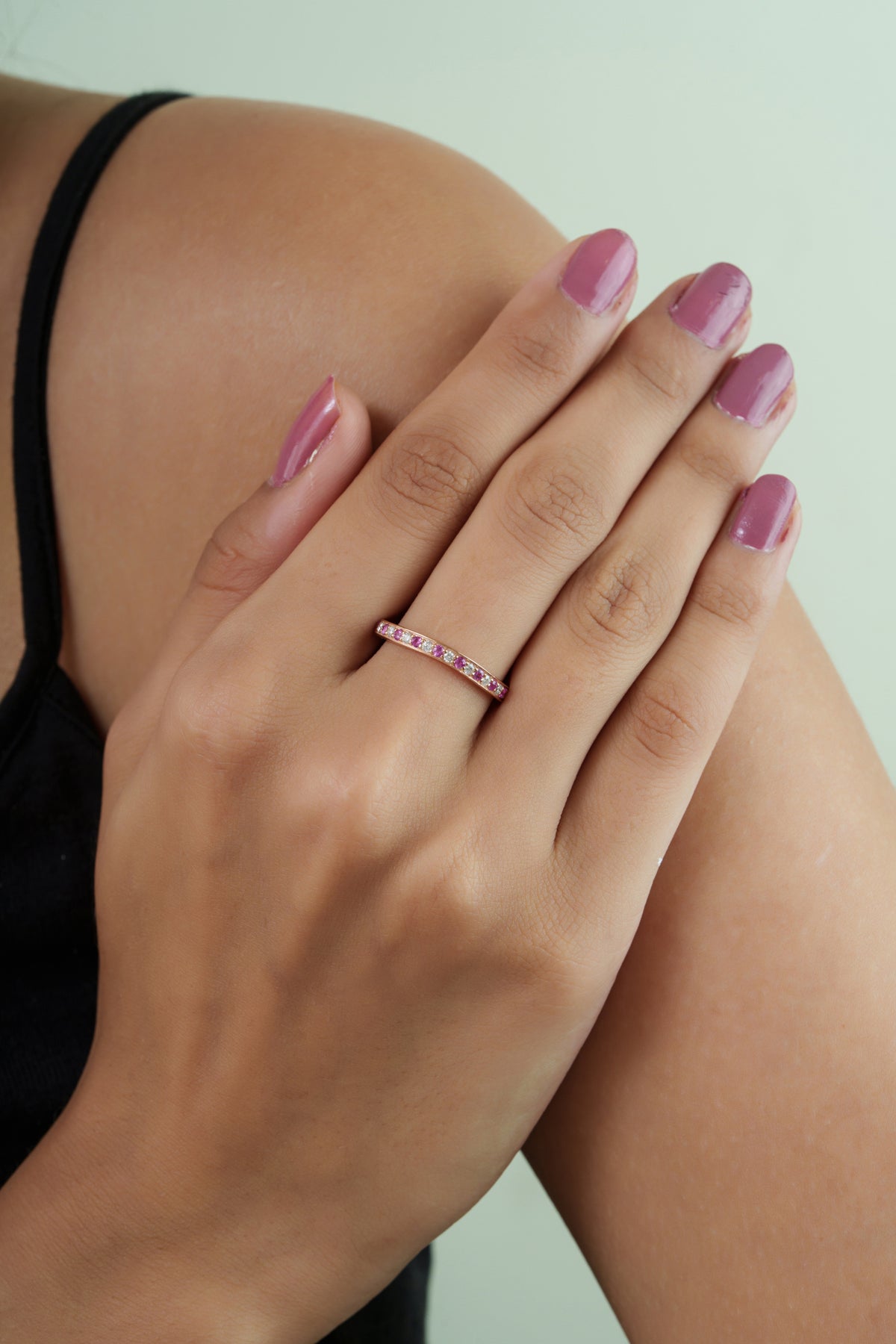 Pink Sapphire Diamond Curved Wedding Band