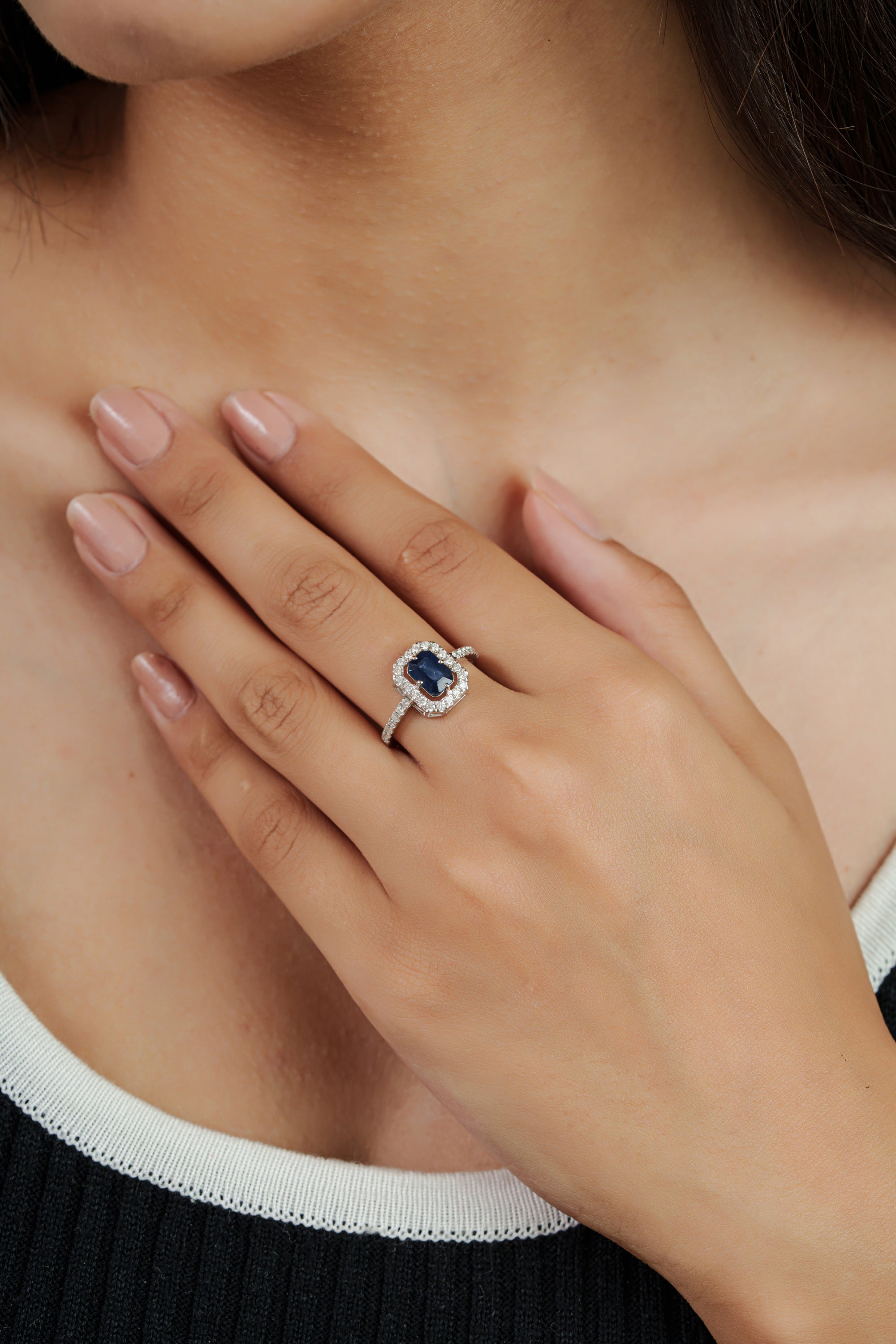 Blue Sapphire Diamond Halo Ring