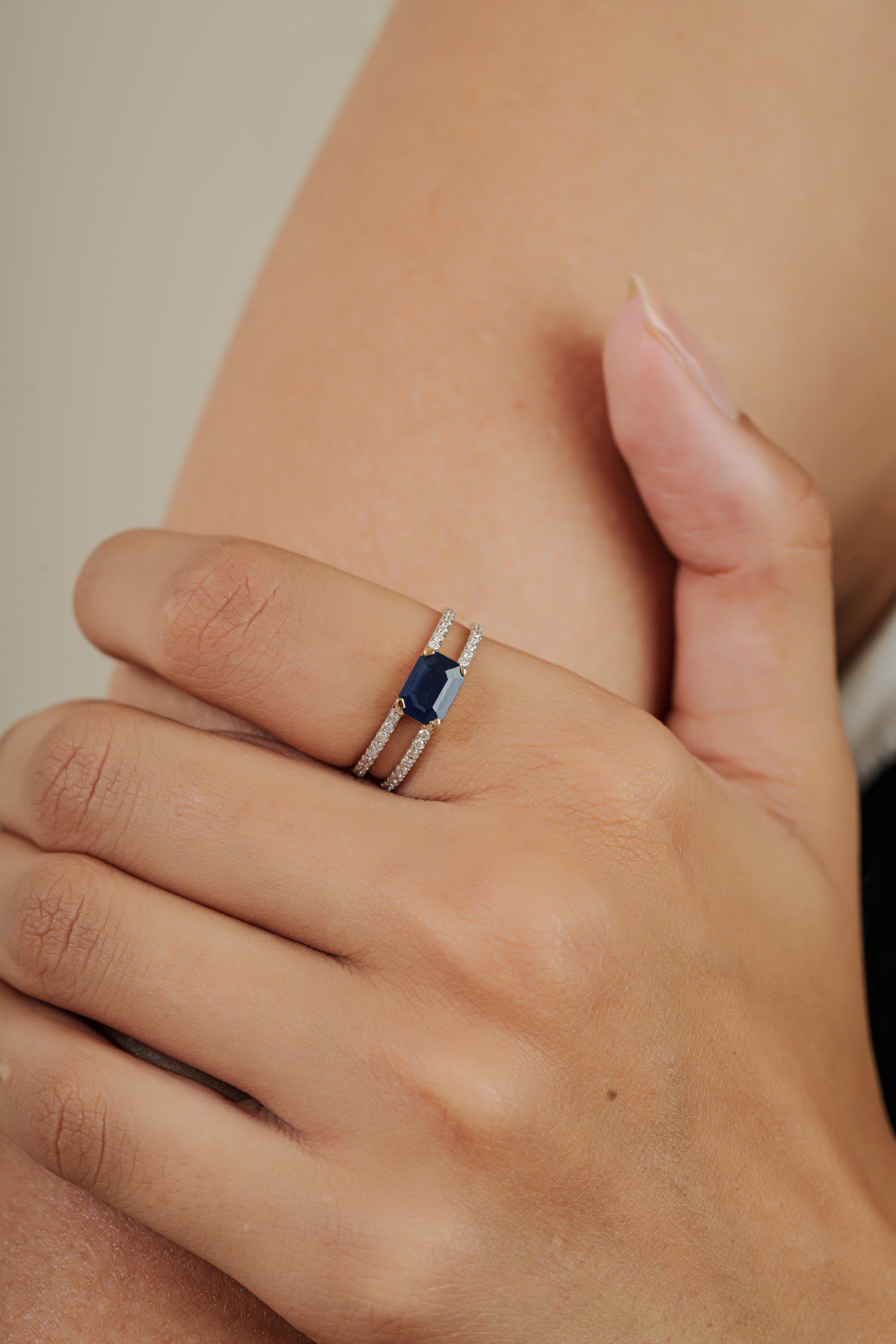 Blue Sapphire Diamond Split Shank Ring