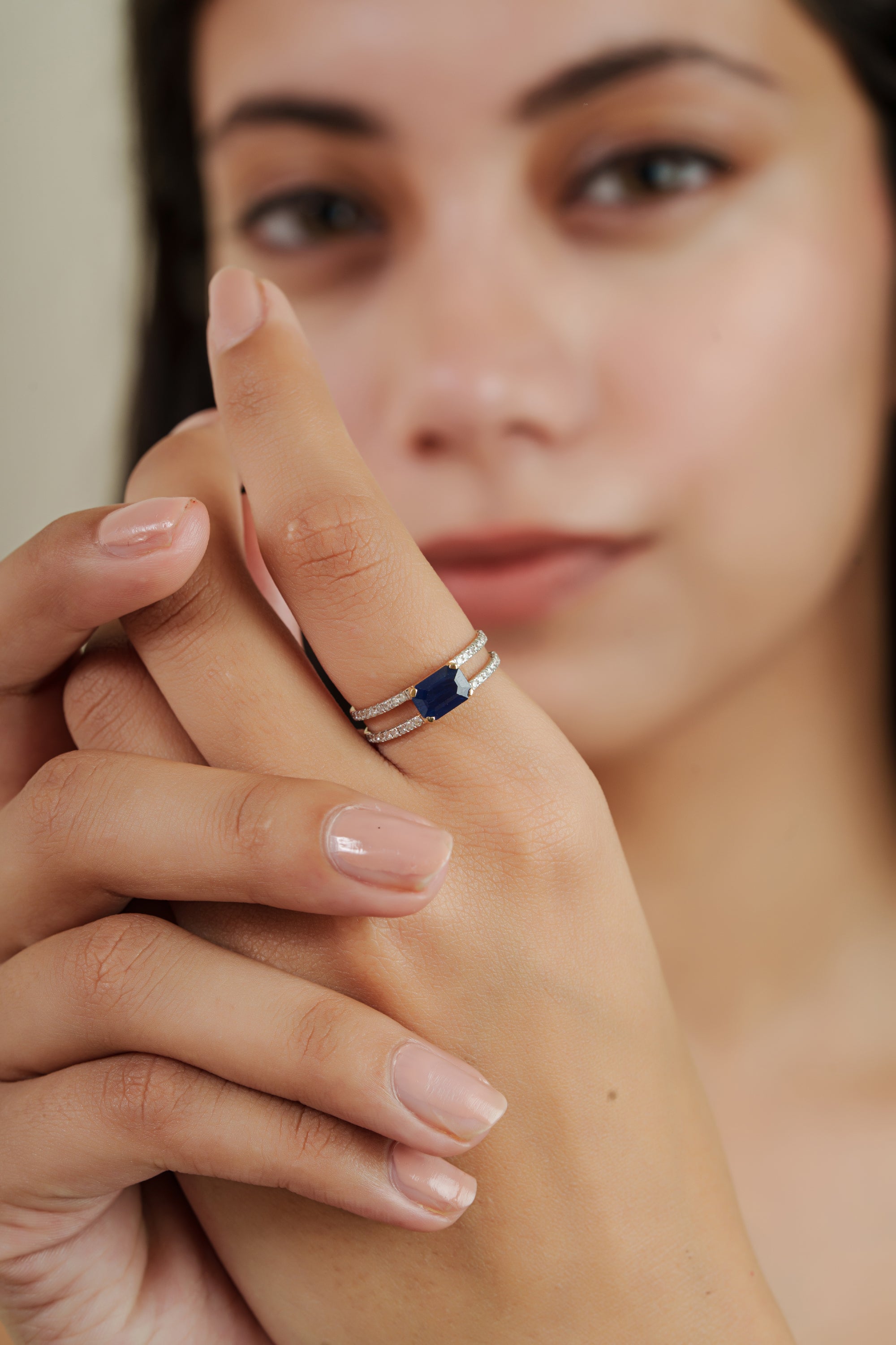 Blue Sapphire Diamond Split Shank Ring
