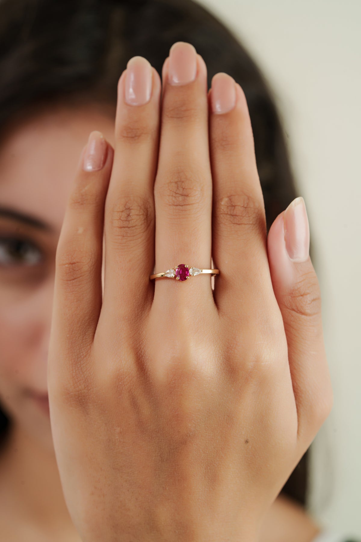 Ruby & Pear Diamond Three Stone Ring