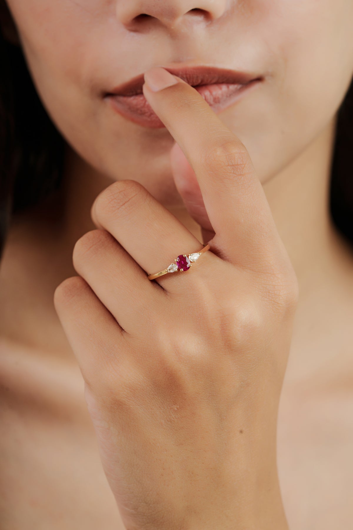 Ruby & Pear Diamond Three Stone Ring