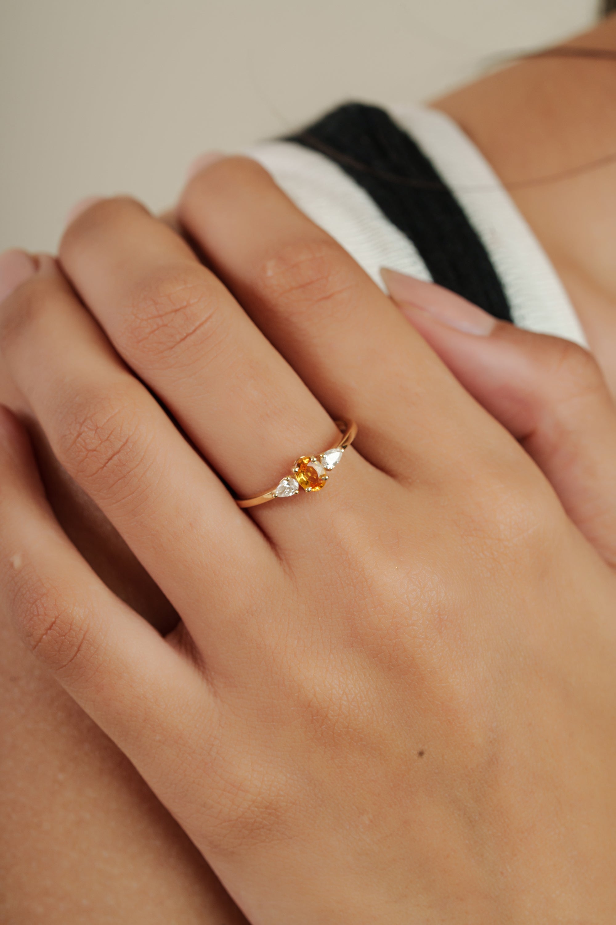 Yellow Sapphire & Pear Diamond Three Stone Ring