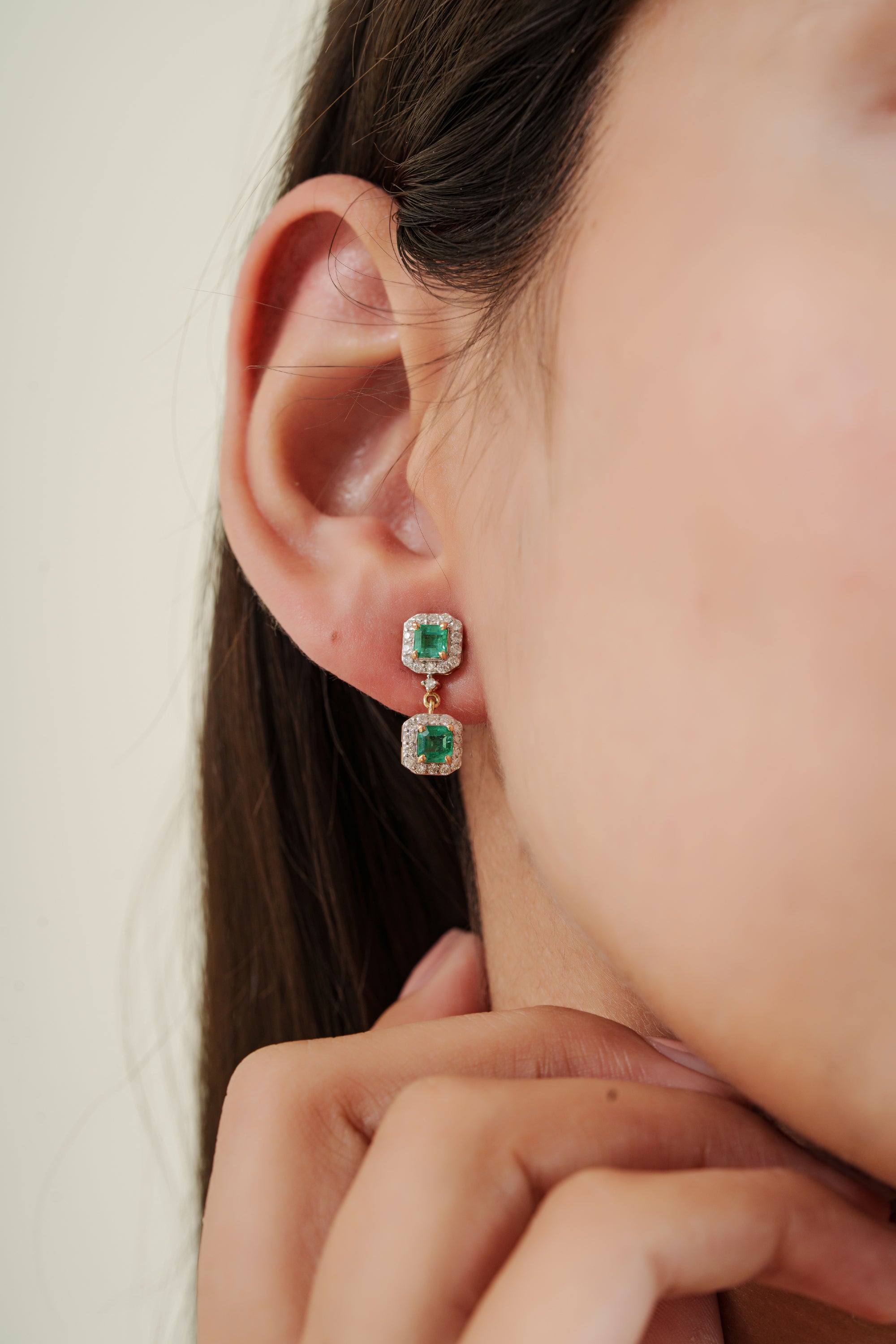 Emerald & Diamond Halo Drop Earrings