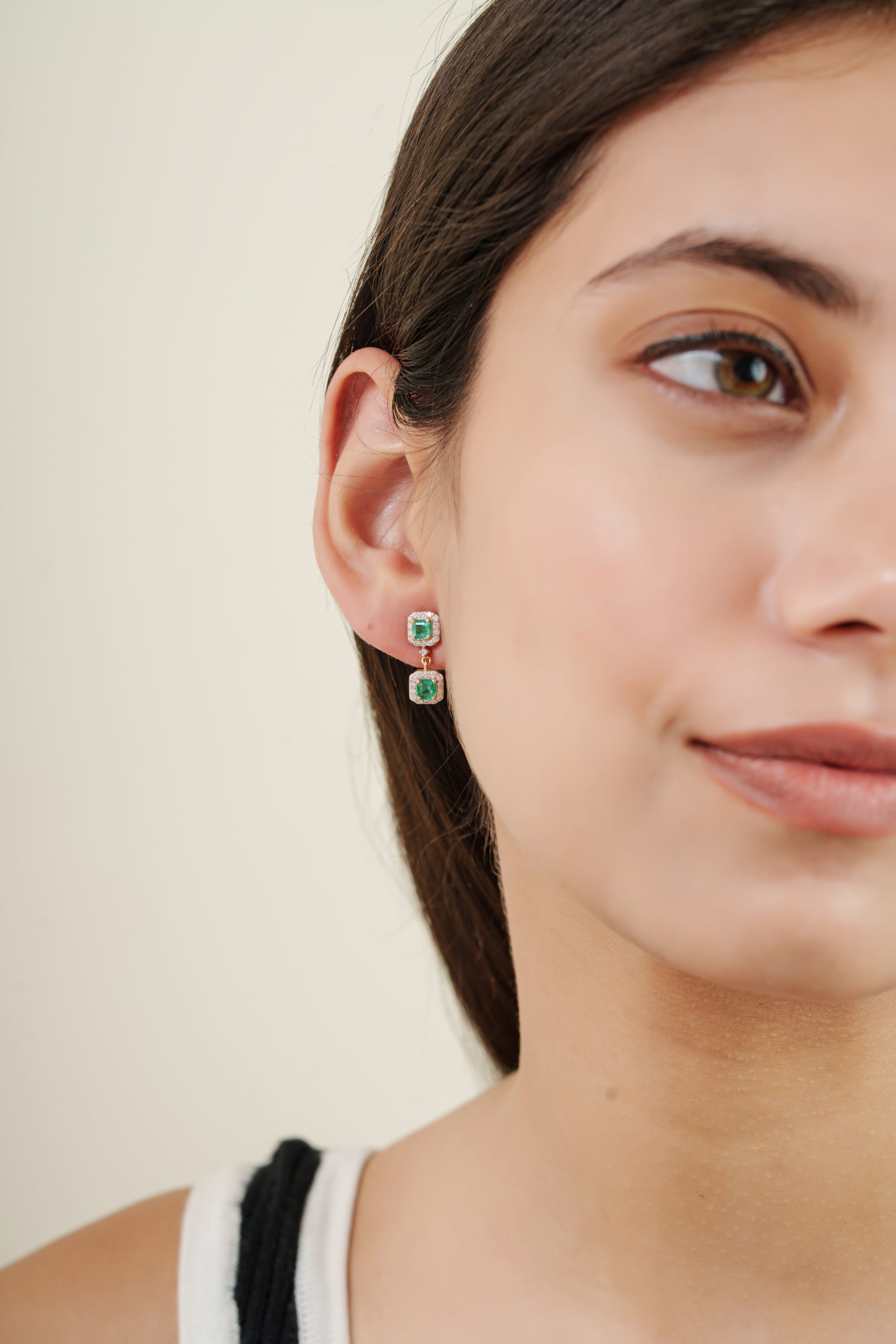 Emerald & Diamond Halo Drop Earrings