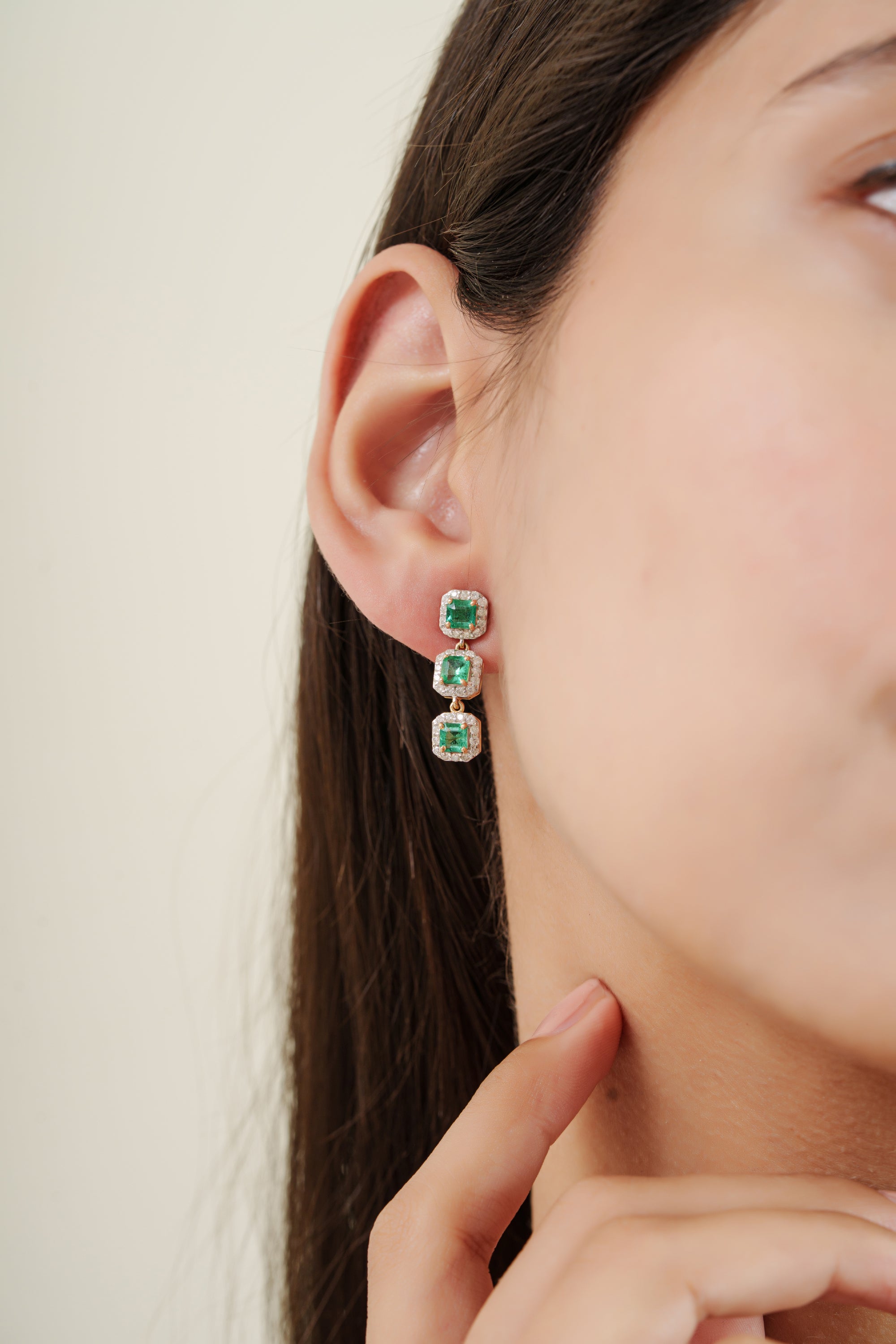 Emerald Diamond Triple Drop Earrings
