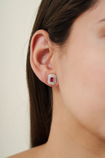 Ruby Diamond Halo Stud Earring