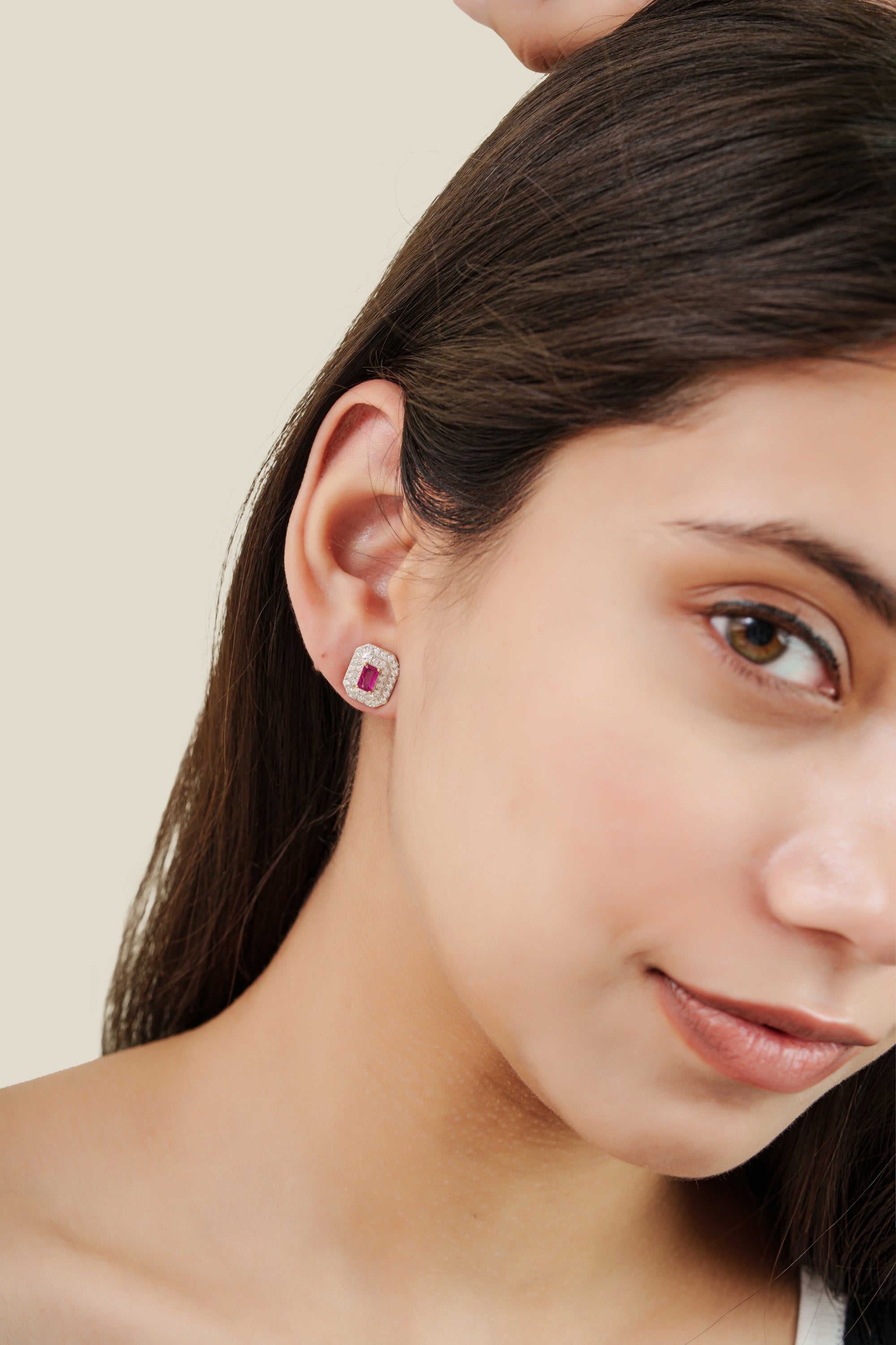 Ruby Diamond Halo Stud Earring