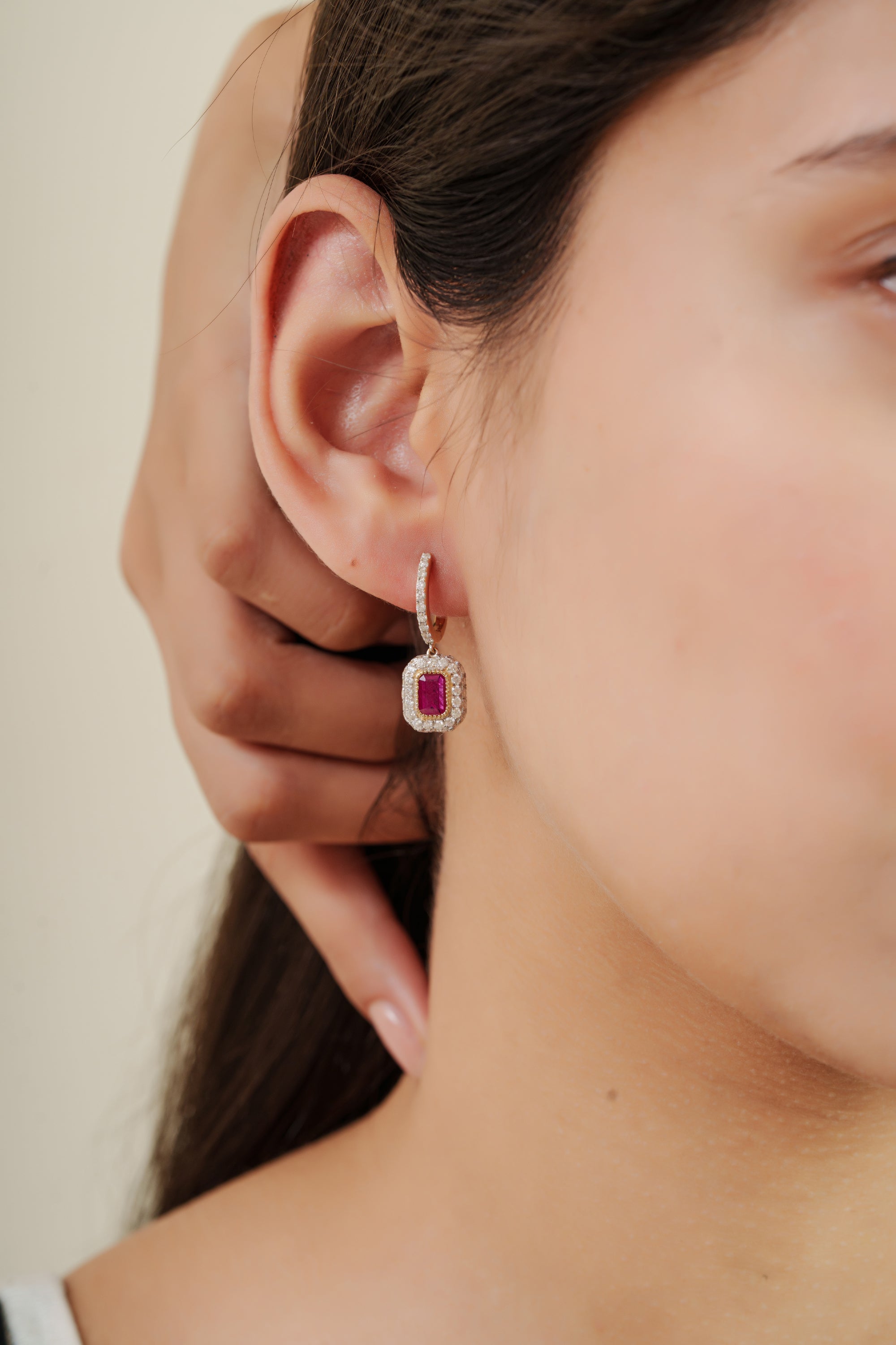 Ruby Diamond Halo Huggie Earrings