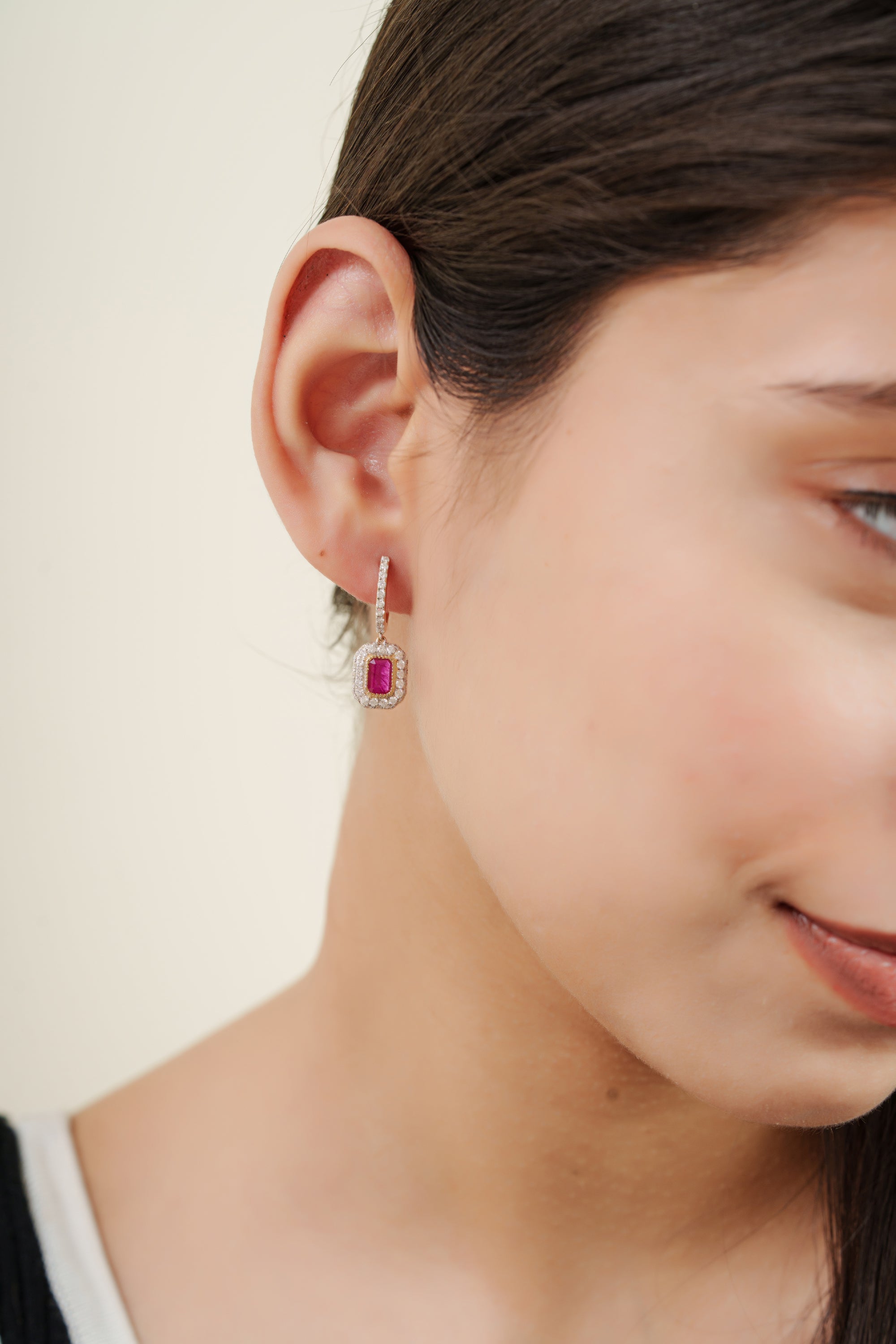Ruby Diamond Halo Huggie Earrings