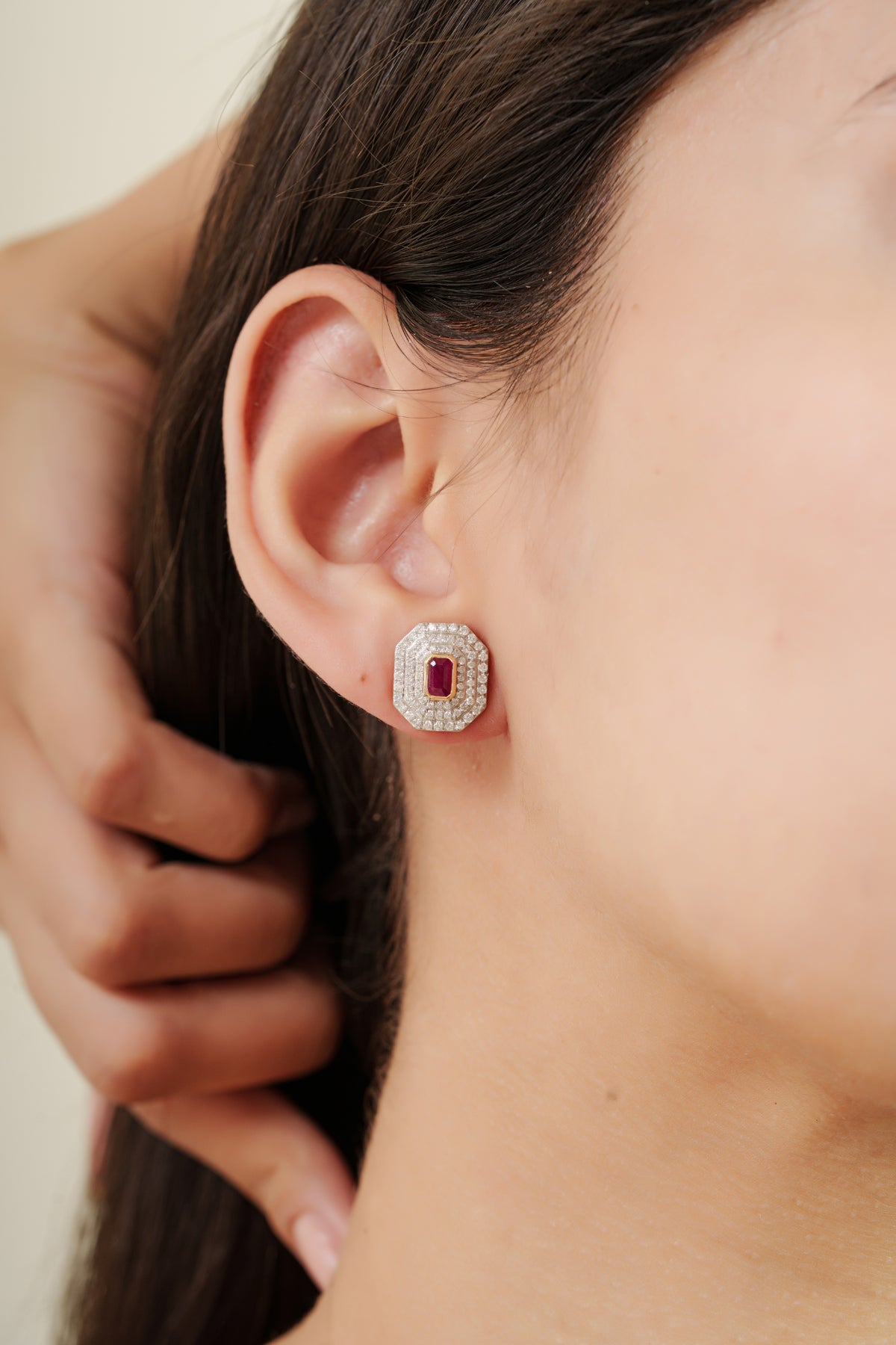 Ruby Diamond Halo Stud Earring