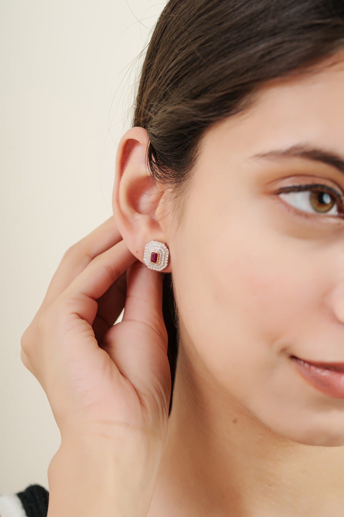 Ruby Diamond Halo Stud Earring