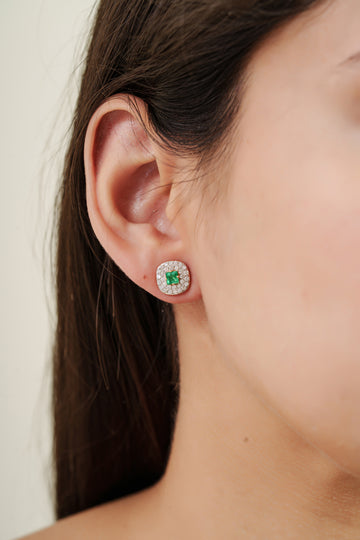 Emerald Diamond Halo Stud Earrings