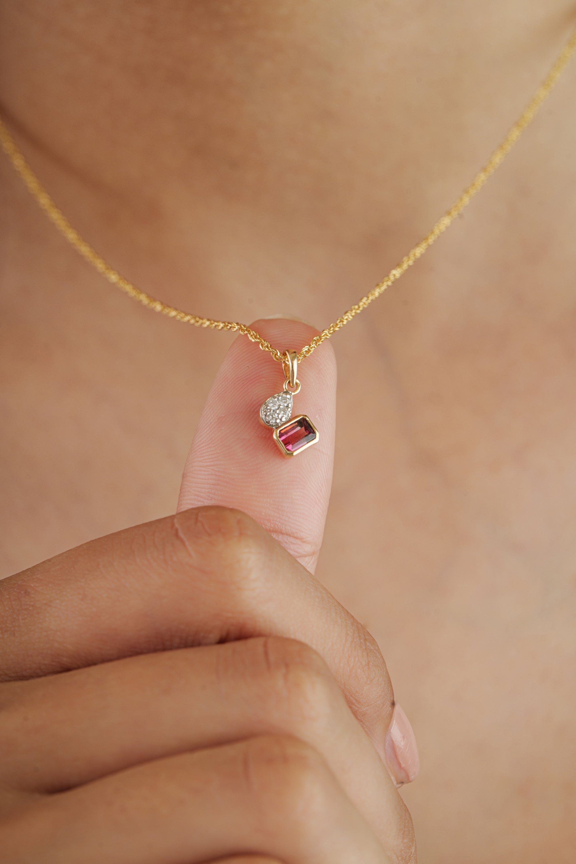 Pink Tourmaline & Diamond Drop Pendant