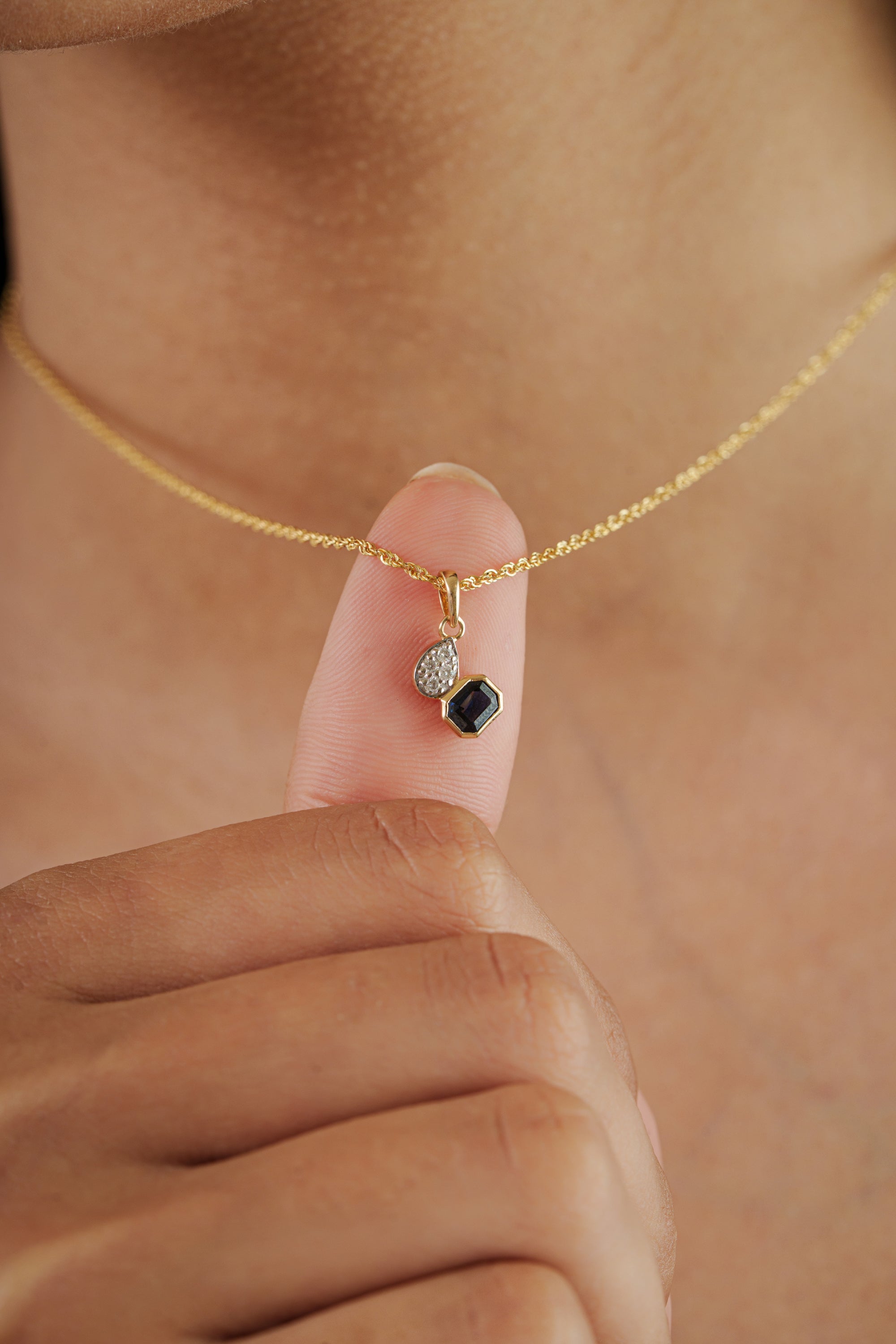 Blue Sapphire & Diamond Drop Pendant