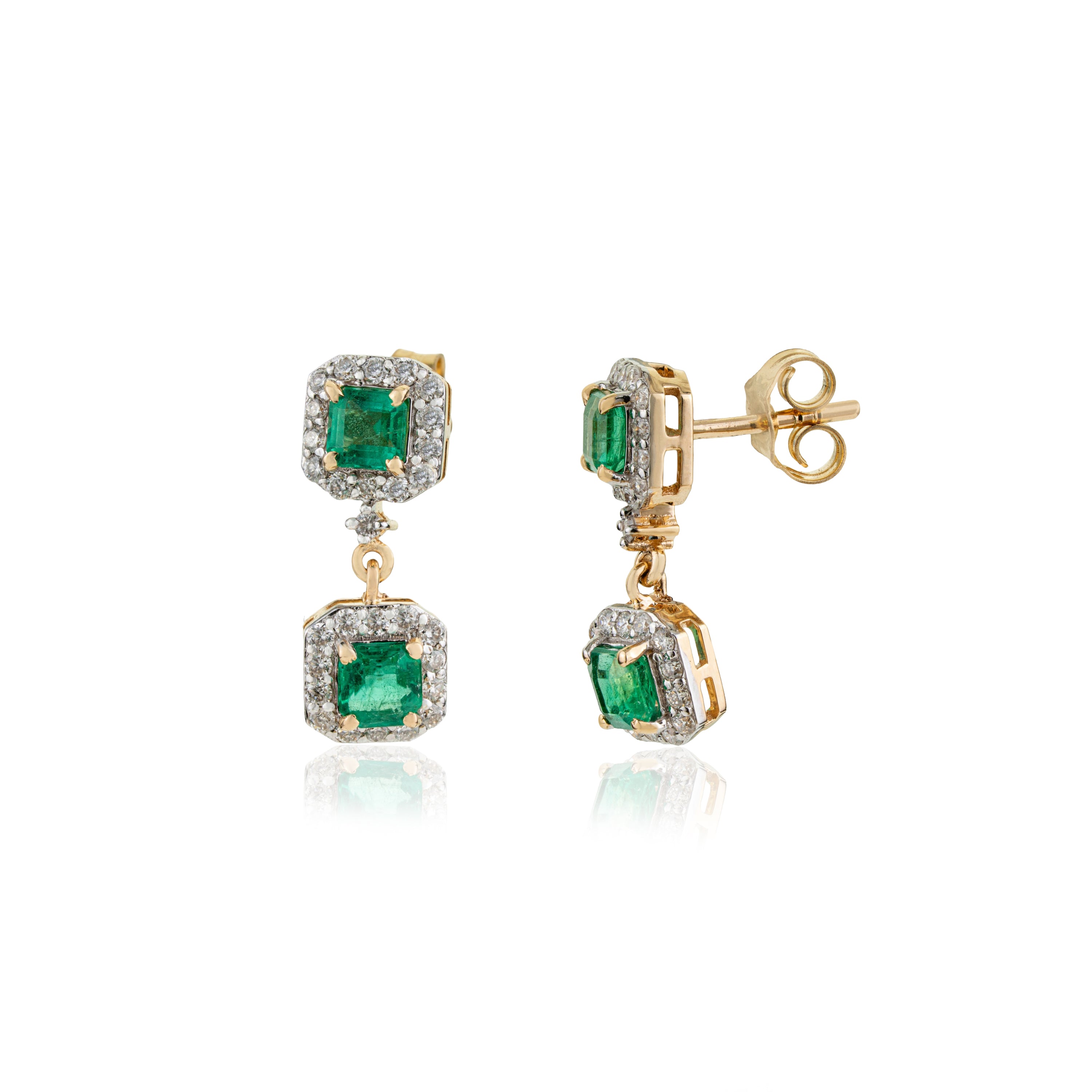 Emerald & Diamond Halo Drop Earrings